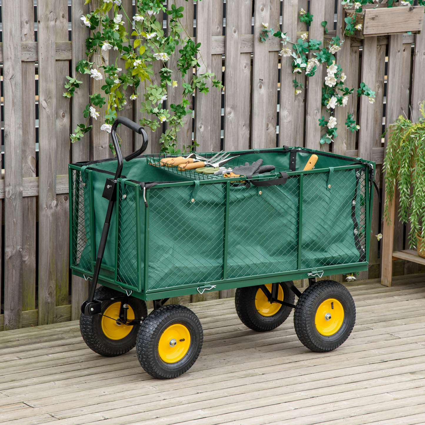 Outsunny Large 4 Wheel Heavy Duty Garden Cart Truck Trolley Wheelbarrow with Handle and Metal Frame - Green MyLibelula