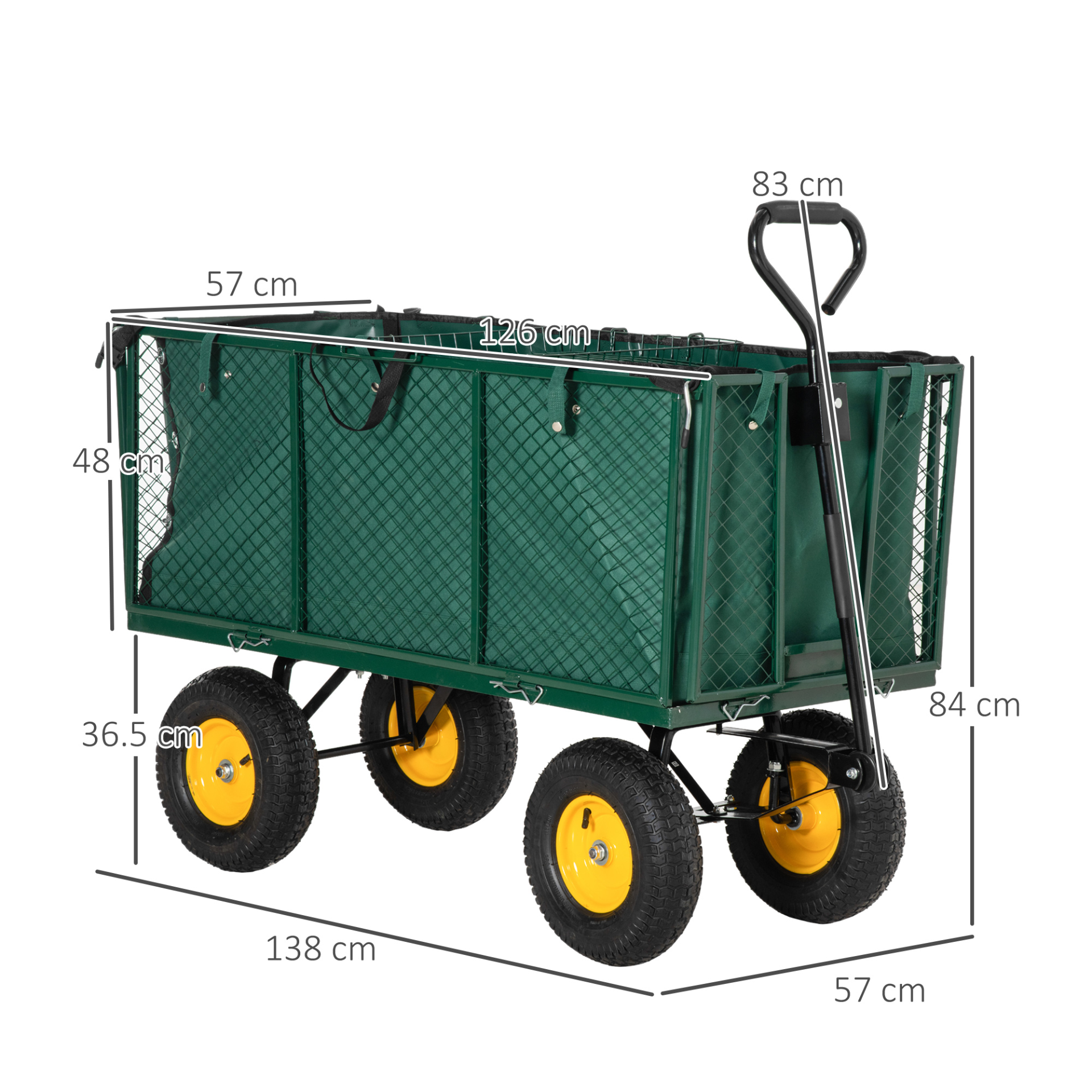 Outsunny Large 4 Wheel Heavy Duty Garden Cart Truck Trolley Wheelbarrow with Handle and Metal Frame - Green MyLibelula