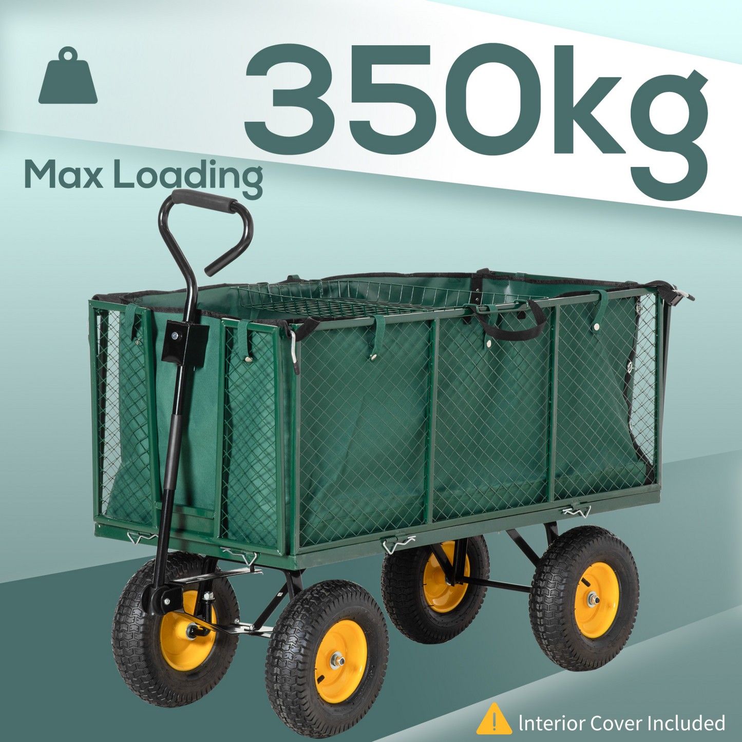 Outsunny Large 4 Wheel Heavy Duty Garden Cart Truck Trolley Wheelbarrow with Handle and Metal Frame - Green MyLibelula