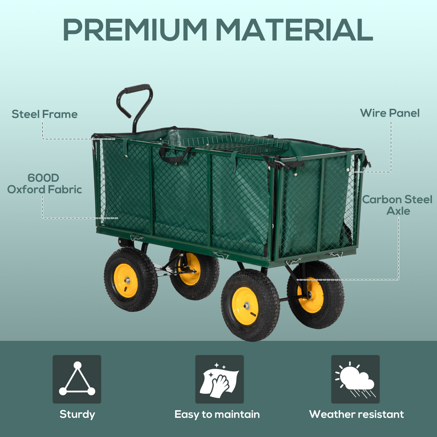 Outsunny Large 4 Wheel Heavy Duty Garden Cart Truck Trolley Wheelbarrow with Handle and Metal Frame - Green MyLibelula