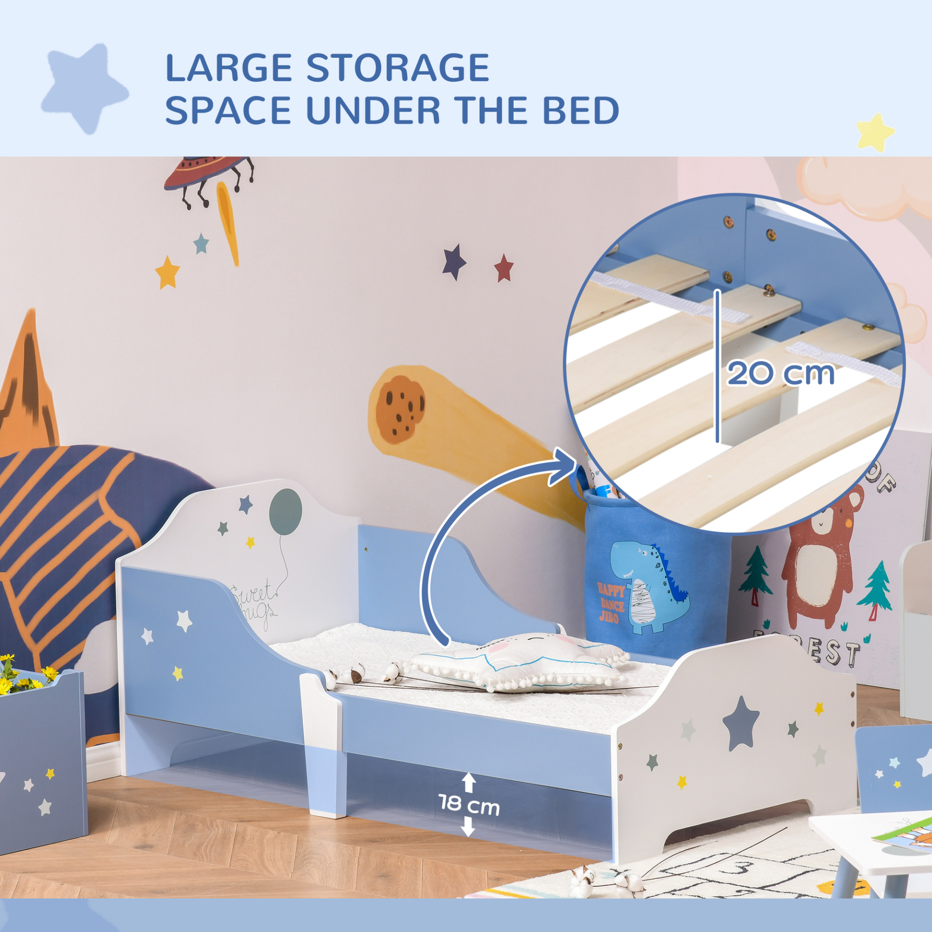 HOMCOM Kids Star & Balloon Single Bed Frame with Safe Guardrails – Blue Bedroom Furniture for Dreams MyLibelula