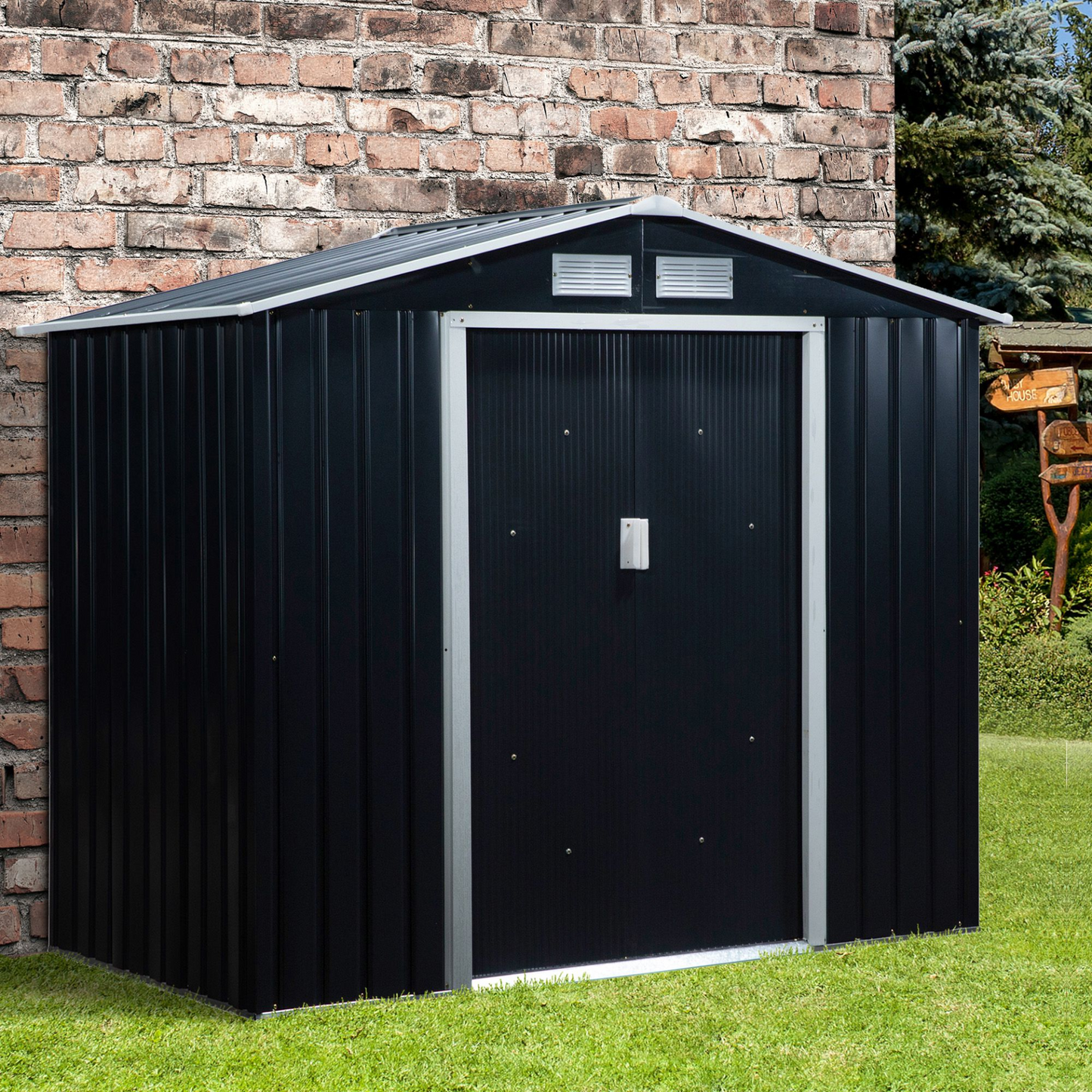 Outsunny 7ft x 4ft LockableGarden Metal Storage Shed Large Patio Roofed Tool Storage Building Foundation Sheds Box Outdoor Furniture, Dark Grey MyLibelula