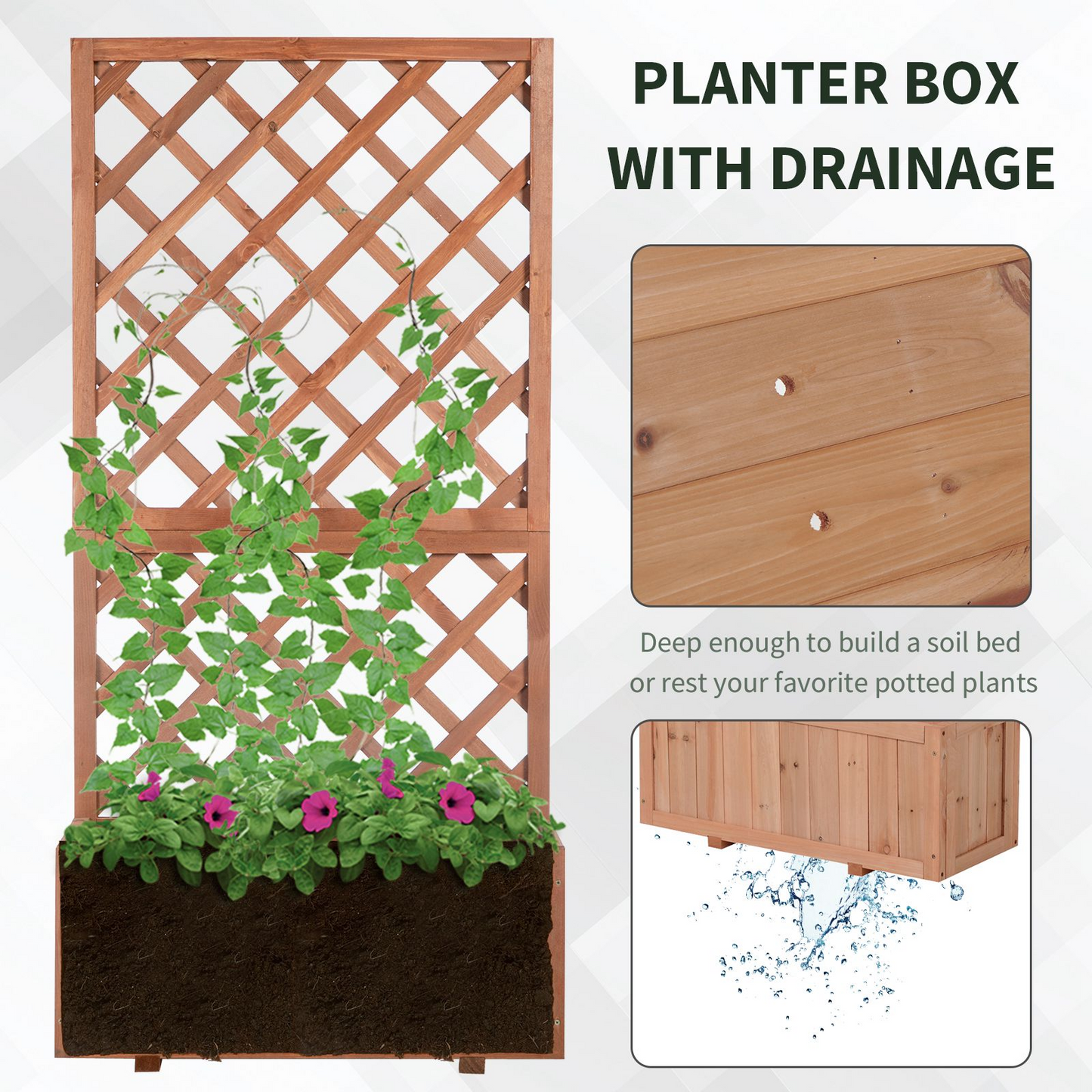 Outsunny 72.5 x 31.5 x 149.5 cm 45L Garden Wooden Pine Trough Planter with Topped Trellis Climbing Plants Flower Raised Bed, Orange MyLibelula