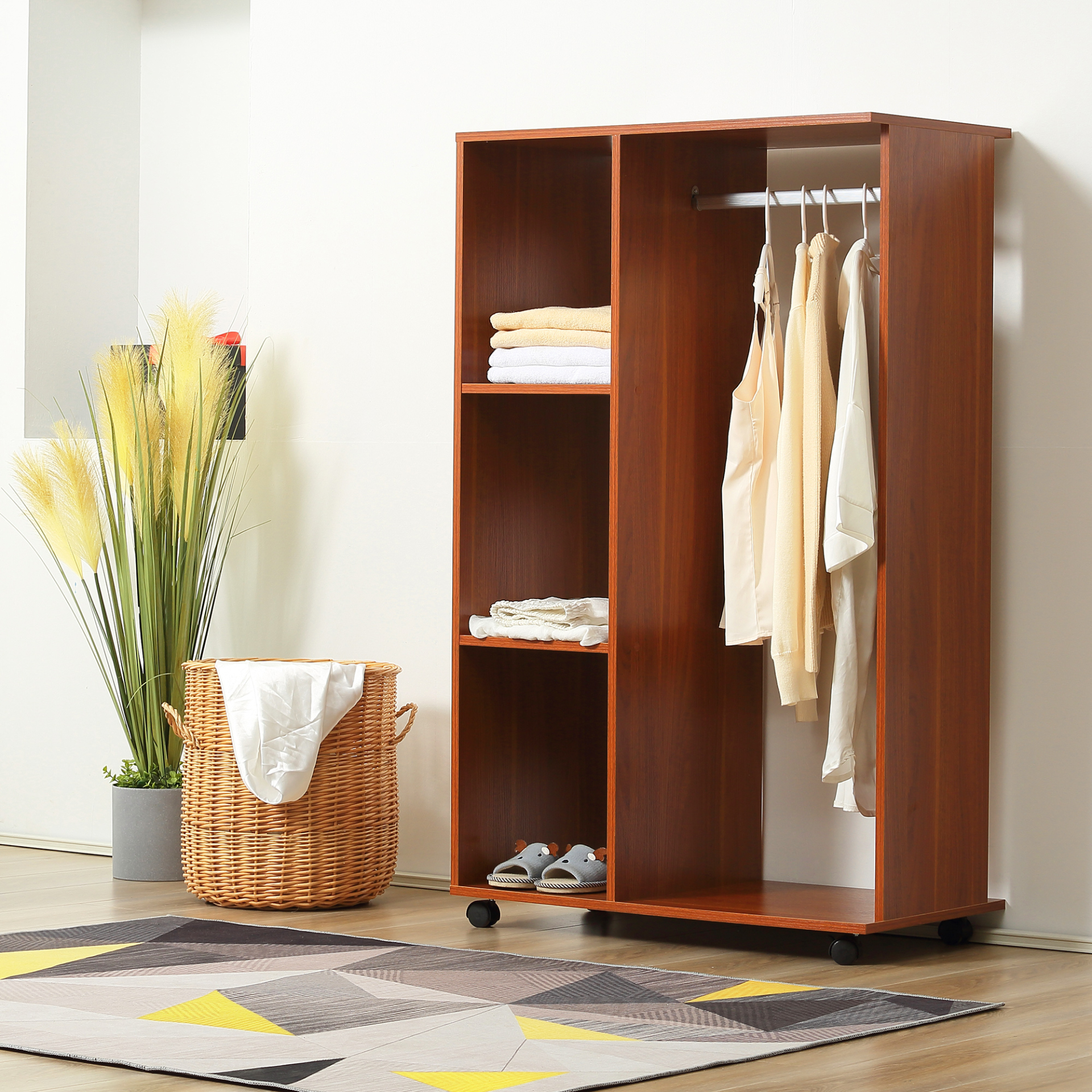 HOMCOM Open Wardrobe with Hanging Rail and Storage Shelves on Wheels - Walnut Finish | Stylish & Functional Bedroom Storage MyLibelula