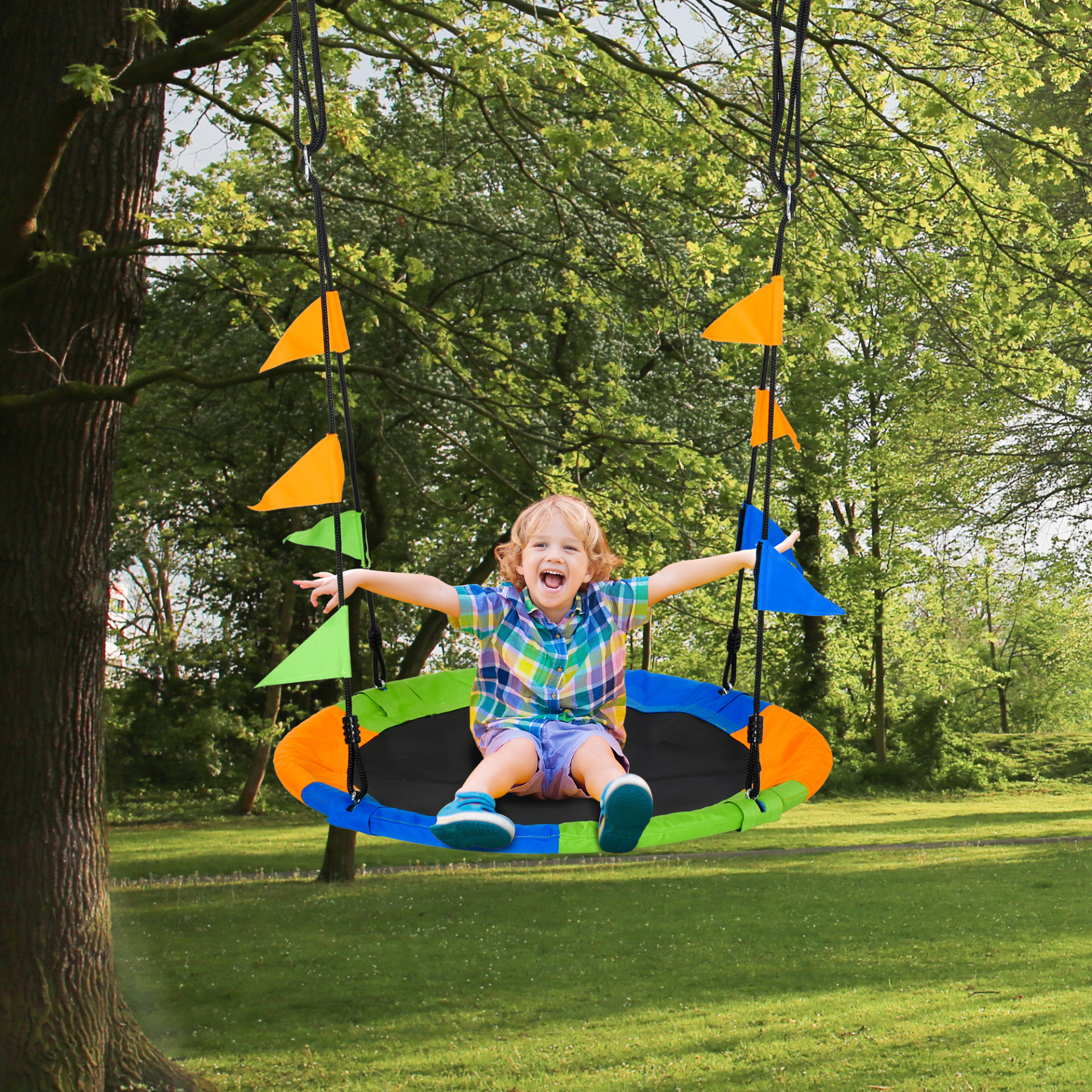 Outsunny 100cm Nest Tree Swing - Adjustable Rope Outdoor Play Toy for Kids Over 3 - Blue Green Orange MyLibelula