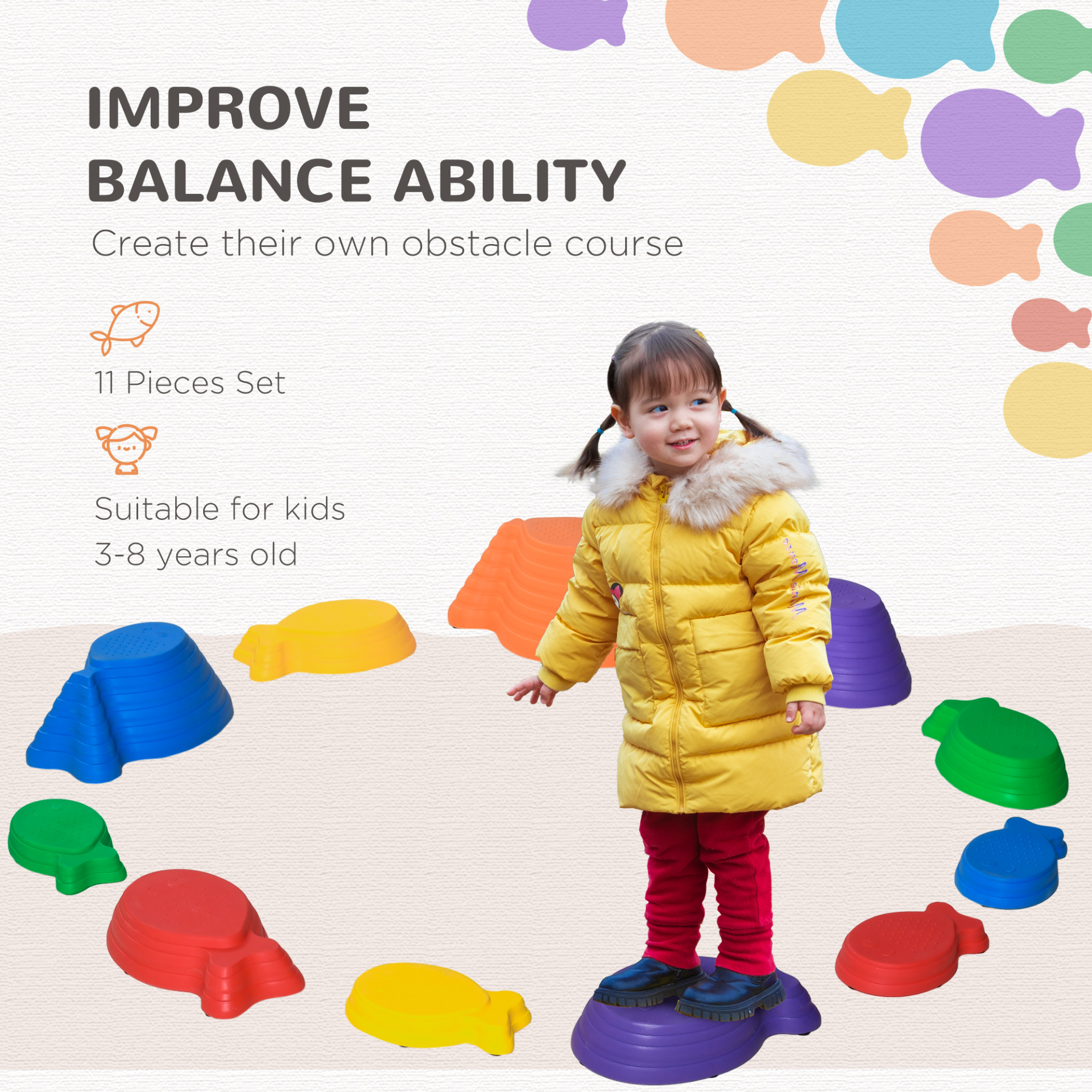 Outsunny 11-Piece Kids Balance Stepping Stones - Fish Shape, Non-Slip, Stackable, Indoor/Outdoor Play, Multicoloured MyLibelula