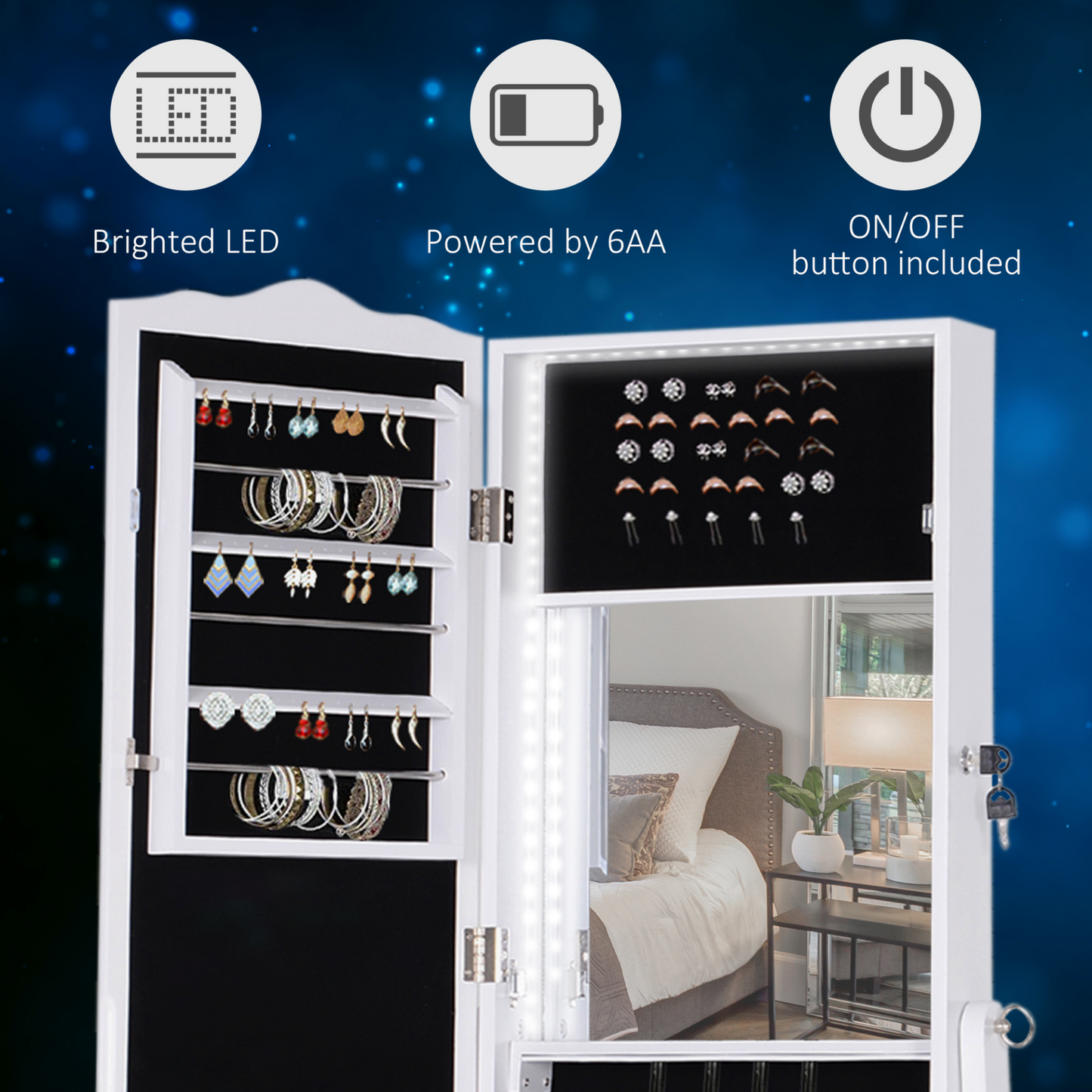 HOMCOM LED Jewellery Cabinet Armoire with Mirror, Shelves and Lock - Floor Standing, White MyLibelula