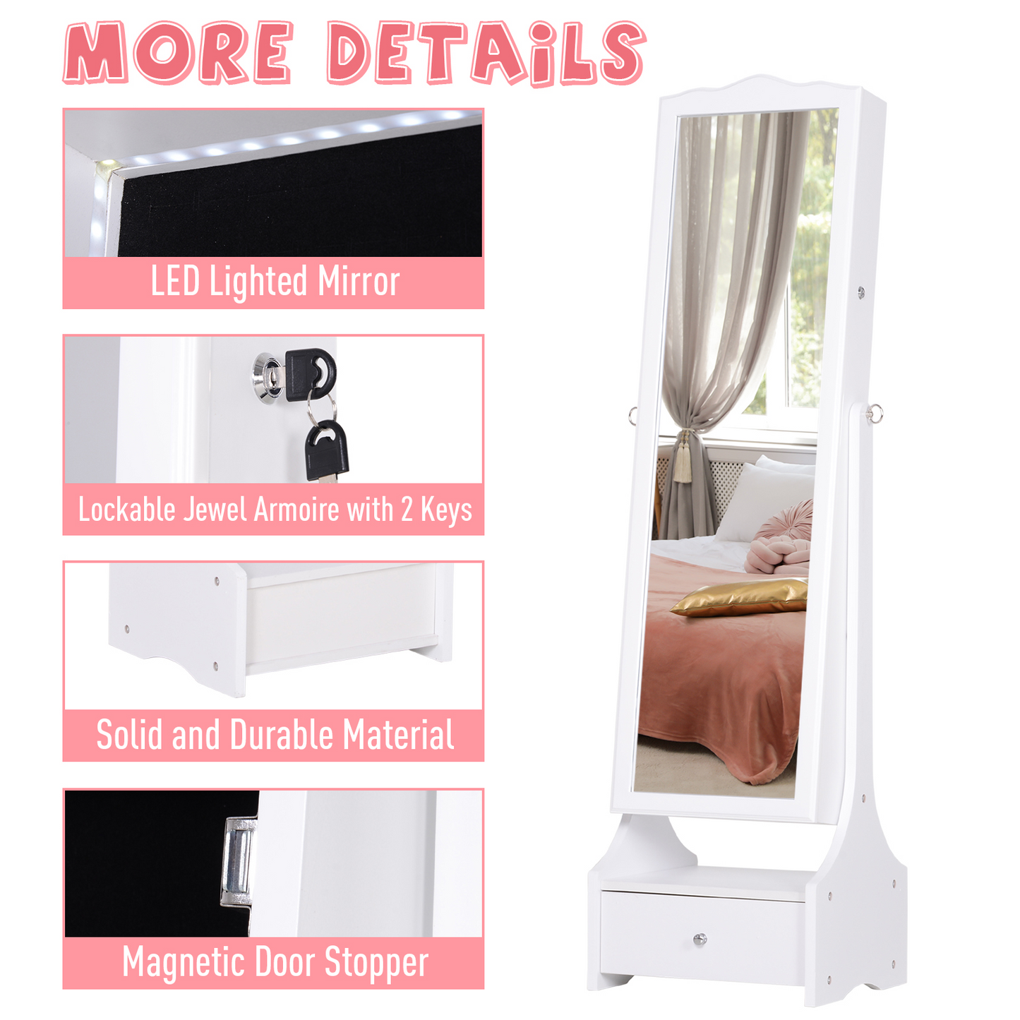 HOMCOM LED Jewellery Cabinet Armoire with Mirror, Shelves and Lock - Floor Standing, White MyLibelula