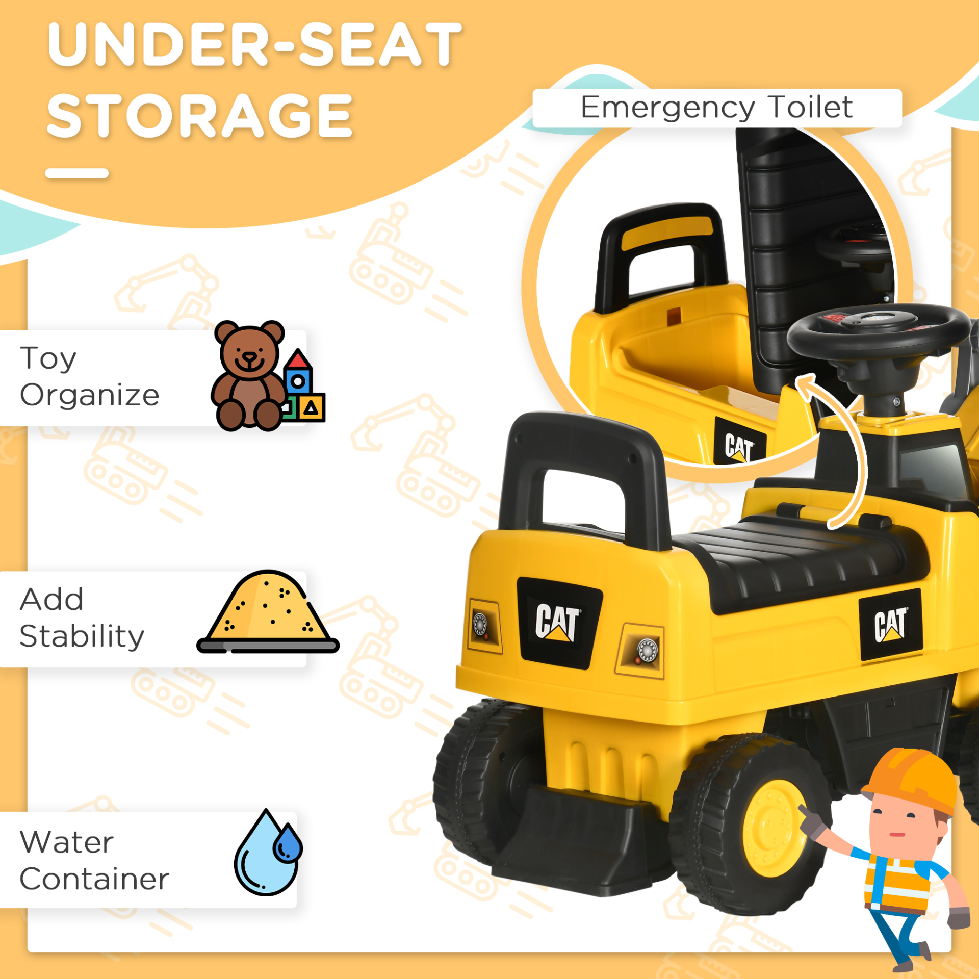 CAT Licensed Kids Construction Ride-On Digger Excavator - Foot-To-Floor Toddler Toy w/ Shovel, Horn & Storage | Ages 1-3 MyLibelula