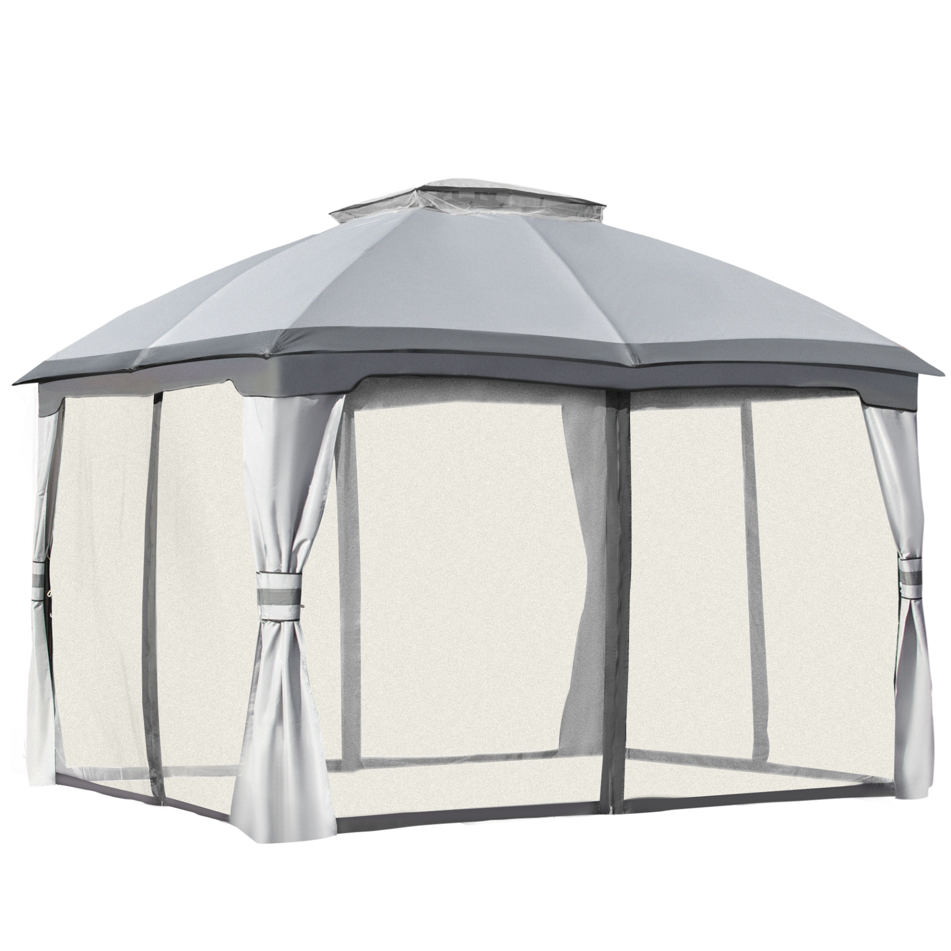 Outsunny 3.7 x 3(m) Metal Gazebo Canopy Party Tent - Garden Patio Shelter with Netting Sidewalls & Double Tiered Roof, Grey MyLibelula