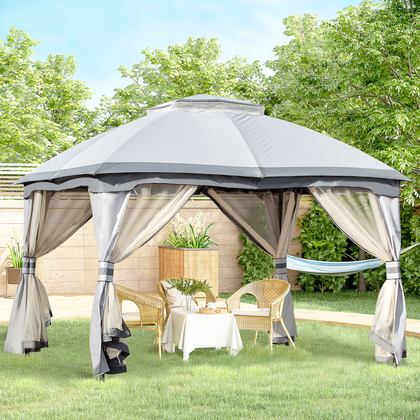 Outsunny 3.7 x 3(m) Metal Gazebo Canopy Party Tent - Garden Patio Shelter with Netting Sidewalls & Double Tiered Roof, Grey MyLibelula