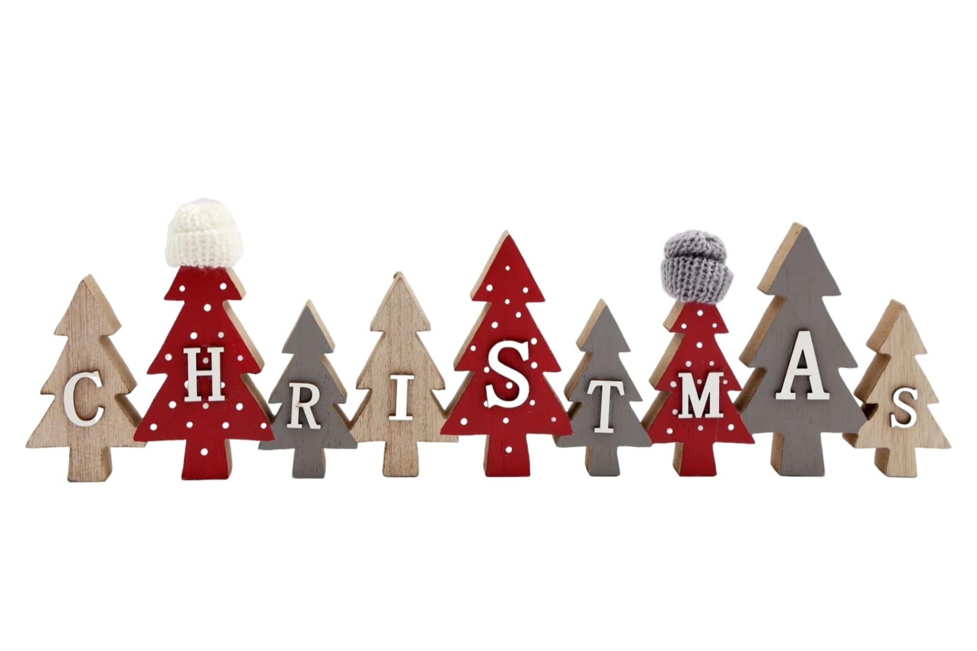 Festive Row of Christmas Trees with Knitted Hats - Red and Grey Spotty Finish - Wooden Free-Standing Display MyLibelula