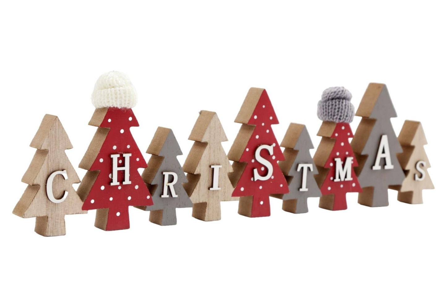 Festive Row of Christmas Trees with Knitted Hats - Red and Grey Spotty Finish - Wooden Free-Standing Display MyLibelula