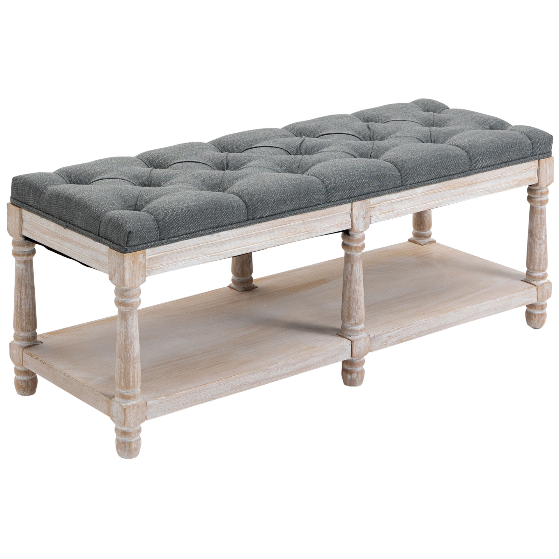 HOMCOM 2-Tier Bed End Bench with Storage Shelf, Button Tufted Upholstered Footstool, Vintage Stool for Living Room, Bedroom, Entryway, Grey MyLibelula