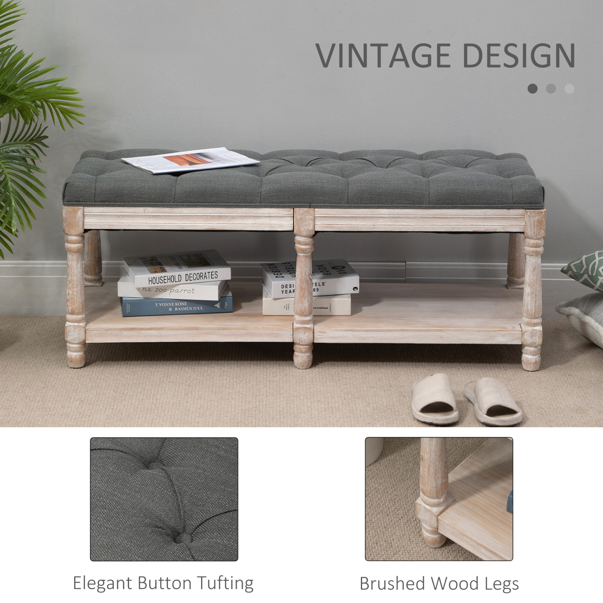 HOMCOM 2-Tier Bed End Bench with Storage Shelf, Button Tufted Upholstered Footstool, Vintage Stool for Living Room, Bedroom, Entryway, Grey MyLibelula