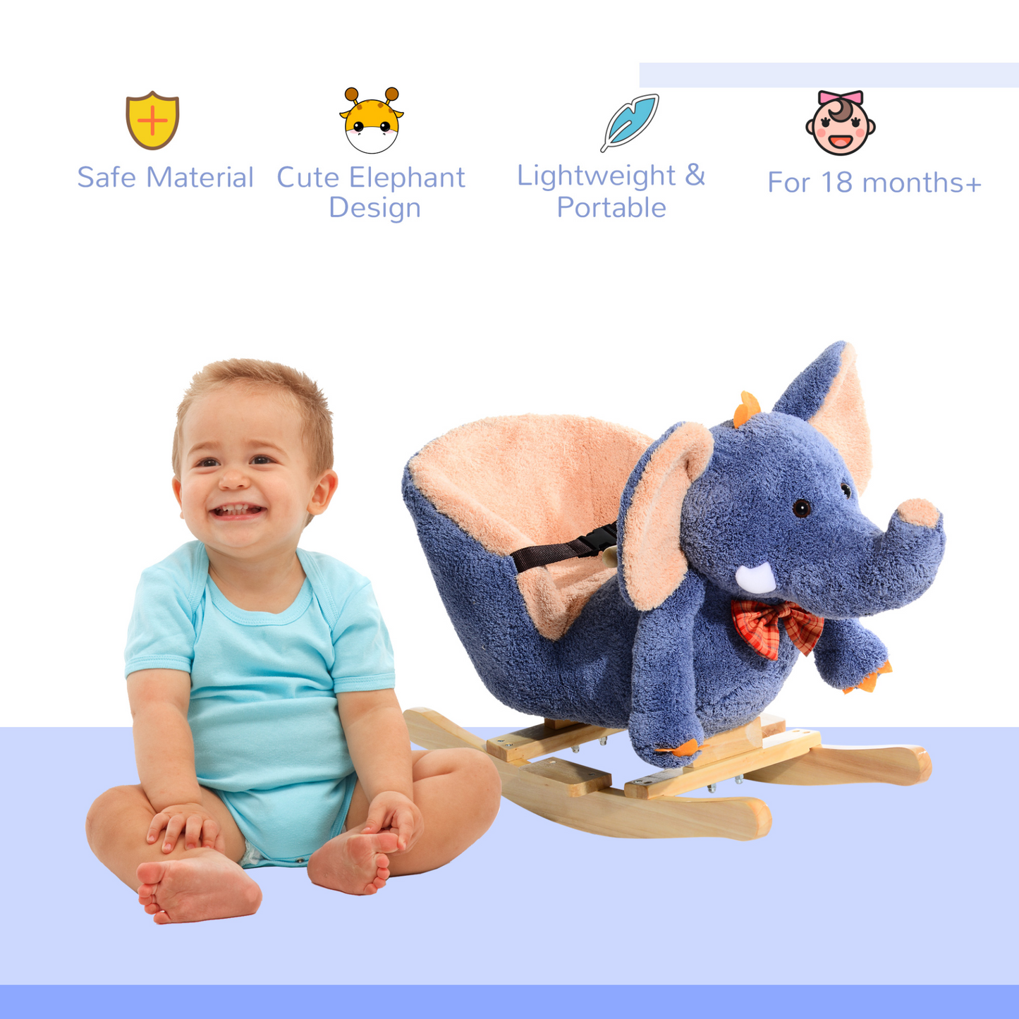 HOMCOM Plush Elephant Rocking Horse Toy with Sound – Ideal Baby & Toddler Gift, Blue MyLibelula