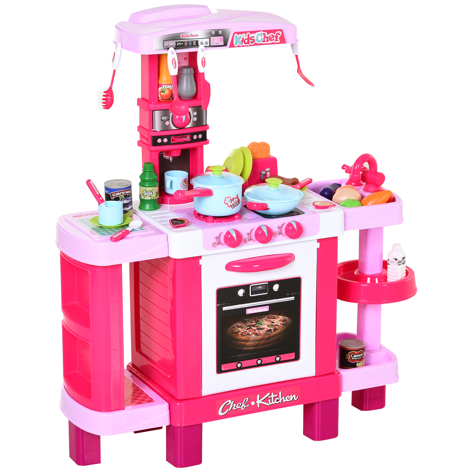 HOMCOM 38 Pcs Kids Kitchen Play Set with Realistic Sounds, Lights, Food, Utensils, Pots, Pans, Appliances - Pink MyLibelula