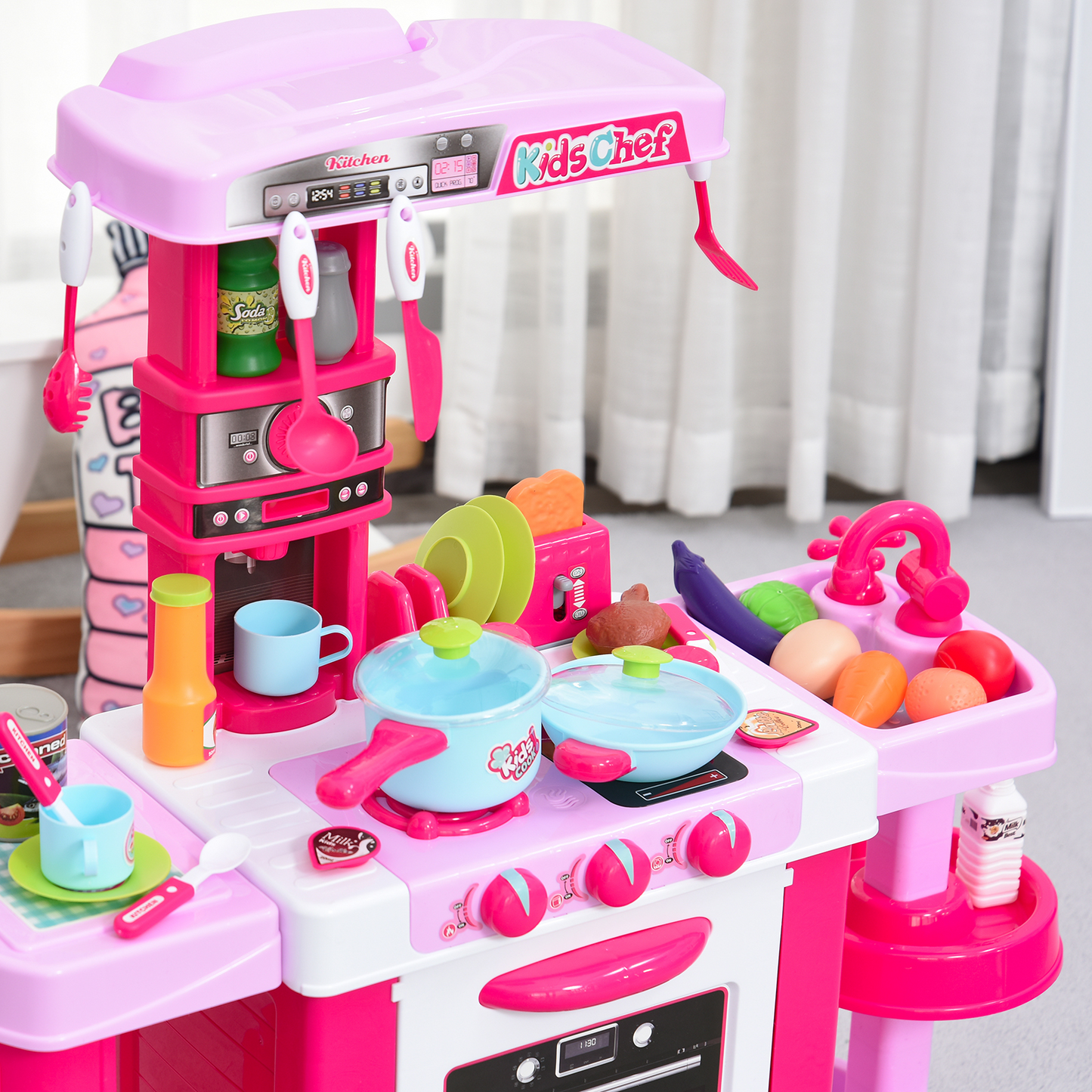 HOMCOM 38 Pcs Kids Kitchen Play Set with Realistic Sounds, Lights, Food, Utensils, Pots, Pans, Appliances - Pink MyLibelula