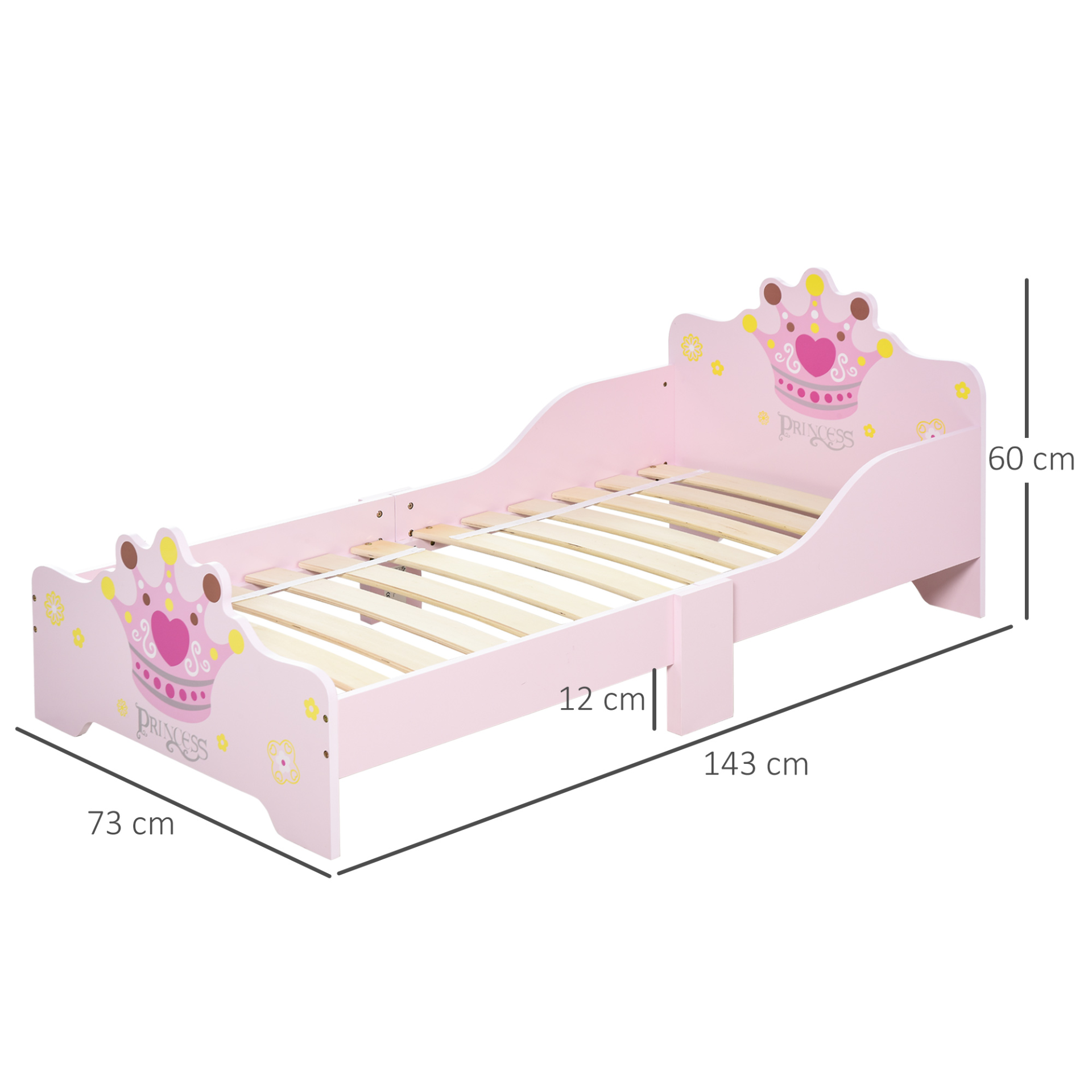 HOMCOM Kids Toddler Bed Princess Crown Theme with Safety Side Rails - Pink, 143 x 73 x 60 cm | Perfect for Boys & Girls Aged 3-6 Years MyLibelula