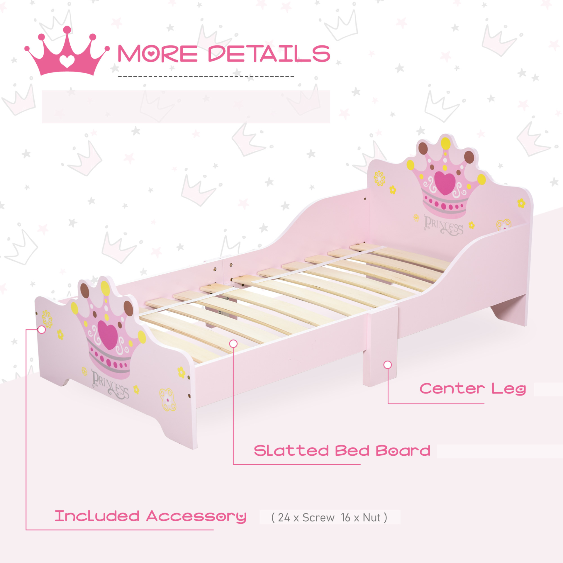 HOMCOM Kids Toddler Bed Princess Crown Theme with Safety Side Rails - Pink, 143 x 73 x 60 cm | Perfect for Boys & Girls Aged 3-6 Years MyLibelula