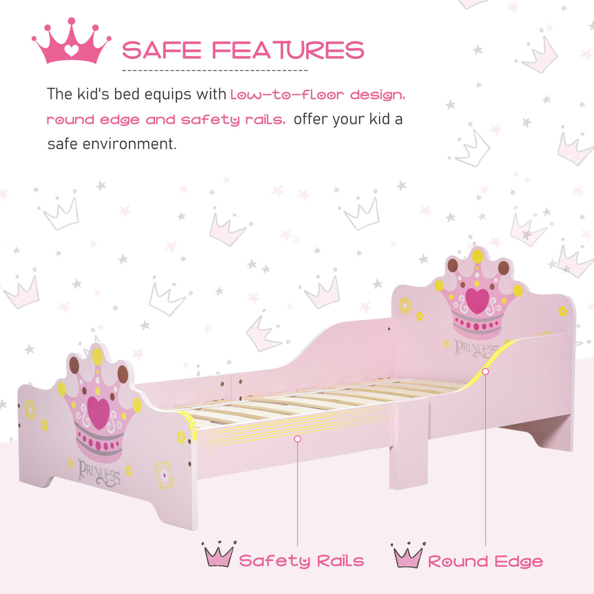 HOMCOM Kids Toddler Bed Princess Crown Theme with Safety Side Rails - Pink, 143 x 73 x 60 cm | Perfect for Boys & Girls Aged 3-6 Years MyLibelula