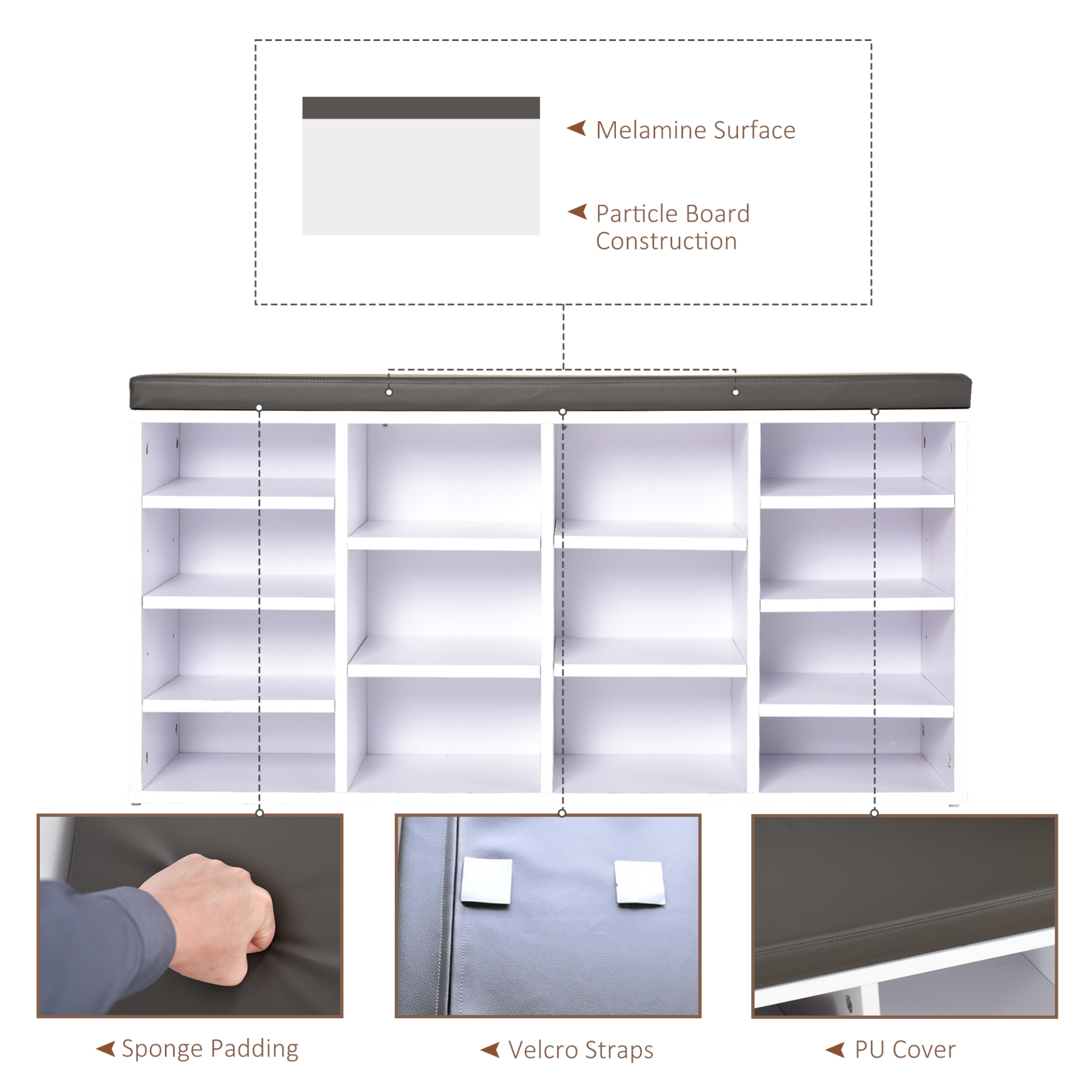 HOMCOM Multi-Storage Shoe Rack w/ 14 Compartments, Cushion, Adjustable Shelves, Solid Frame - White MyLibelula