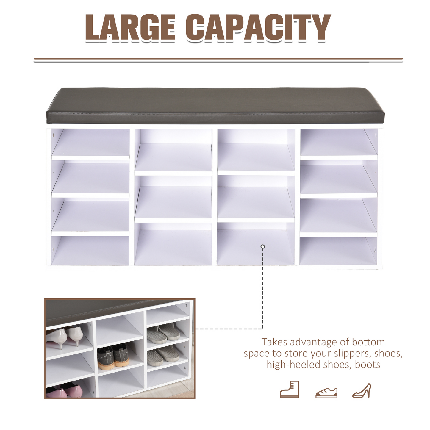 HOMCOM Multi-Storage Shoe Rack w/ 14 Compartments, Cushion, Adjustable Shelves, Solid Frame - White MyLibelula