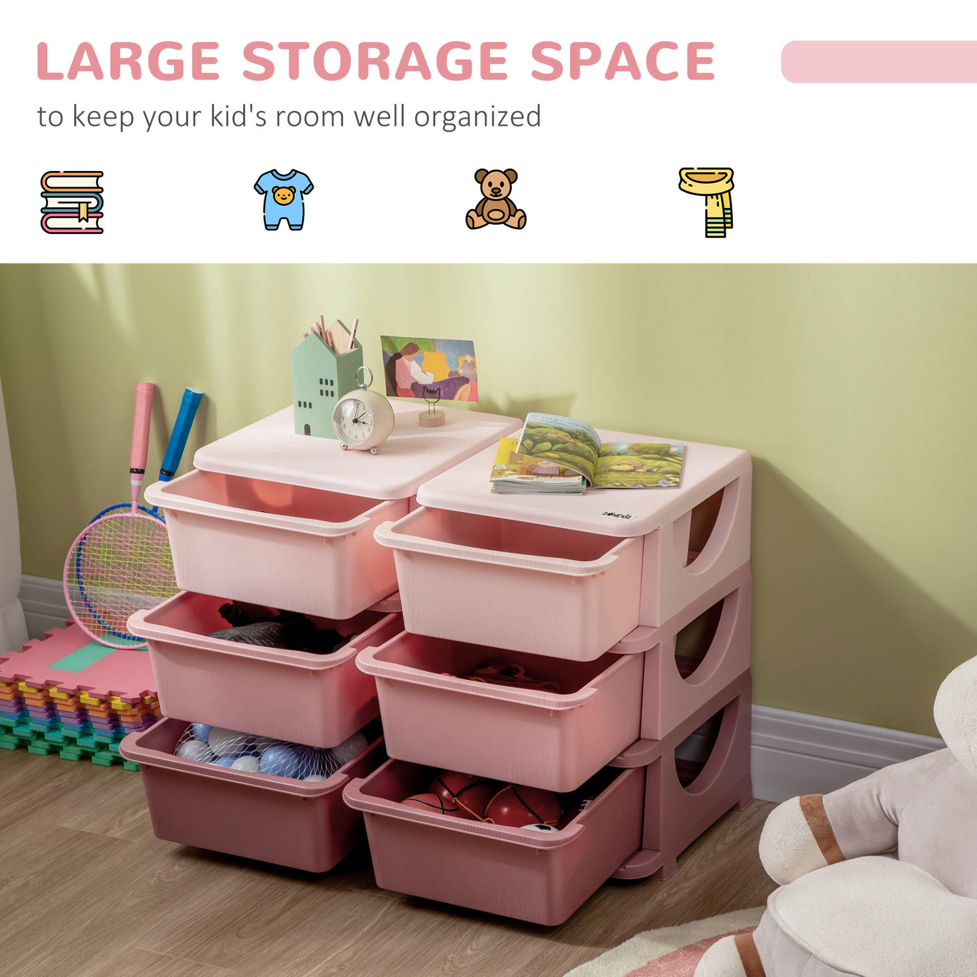 HOMCOM Kids Three-Tier Storage Unit - Pink Toy Organizer for Nursery, Playroom, Classroom MyLibelula