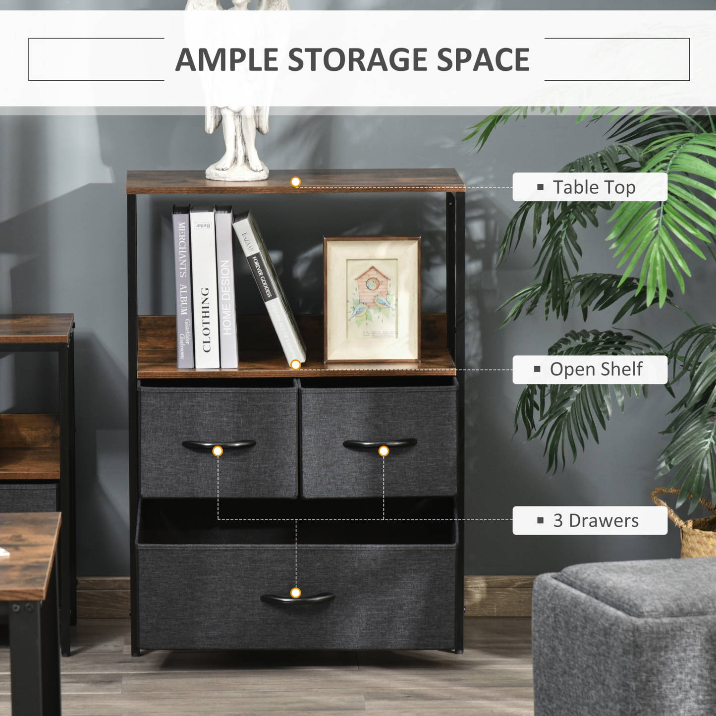 HOMCOM 3 Drawer Storage Chest Unit - Stylish Home Cabinet with Shelves - Perfect for Living Room, Bedroom, Entryway - Black MyLibelula