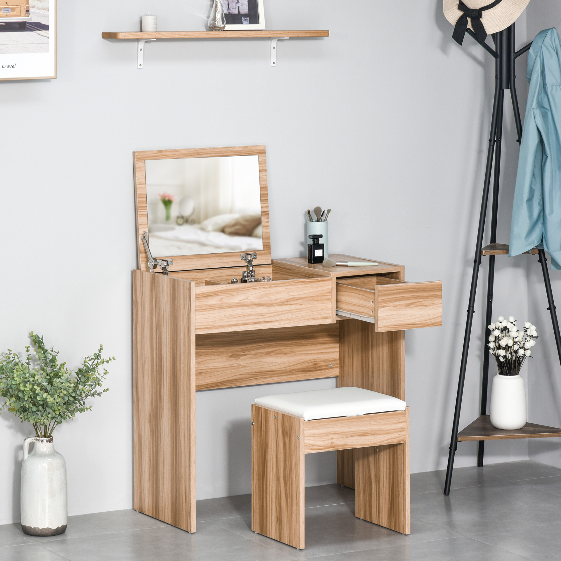 HOMCOM Chipboard Dressing Table Set with Cushioned Stool, Flip-up Mirror & Drawer - Wood Grain Finish MyLibelula