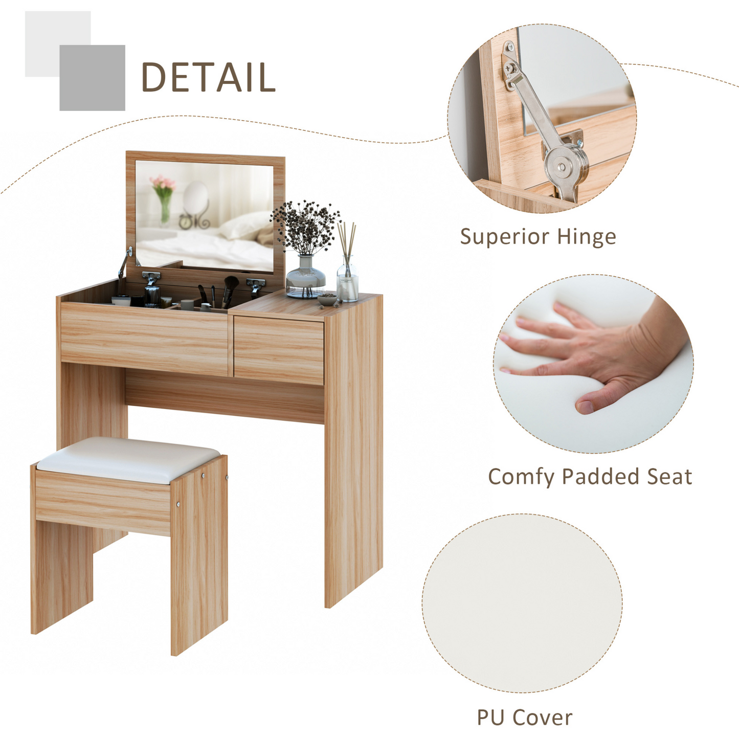 HOMCOM Chipboard Dressing Table Set with Cushioned Stool, Flip-up Mirror & Drawer - Wood Grain Finish MyLibelula