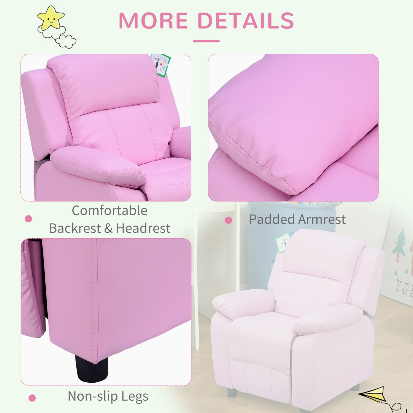 HOMCOM Kids Recliner Lounger Armchair w/ Storage Space - Pink PU Leather MyLibelula