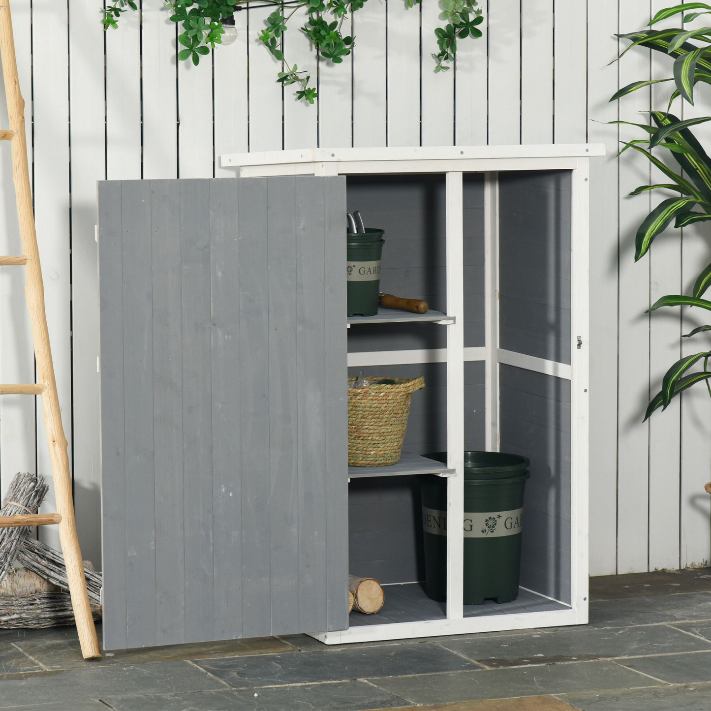 Outsunny Wooden Garden Storage Shed | Fir Wood Tool Cabinet with Shelves - 75L x 56W x 115H cm, Grey MyLibelula