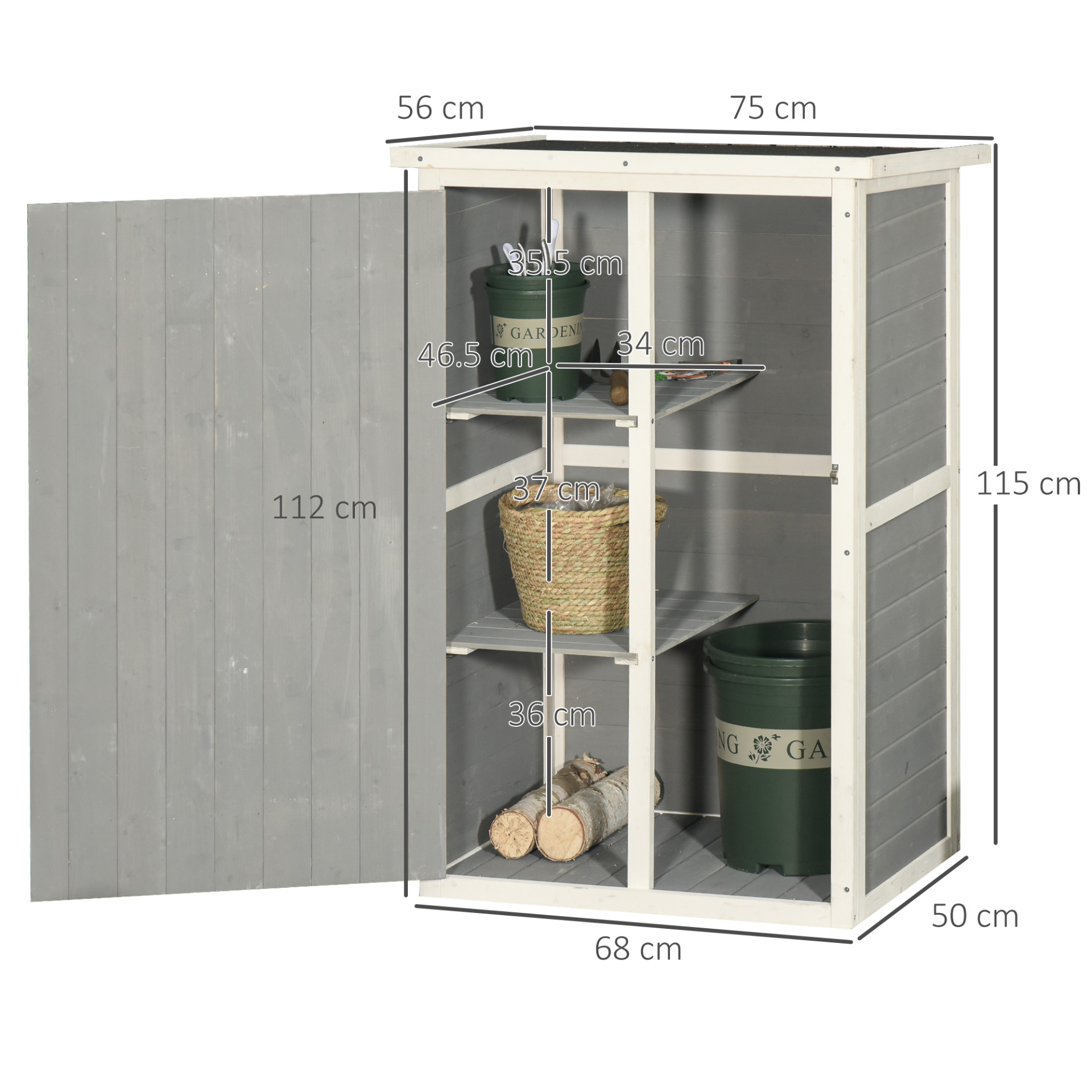 Outsunny Wooden Garden Storage Shed | Fir Wood Tool Cabinet with Shelves - 75L x 56W x 115H cm, Grey MyLibelula