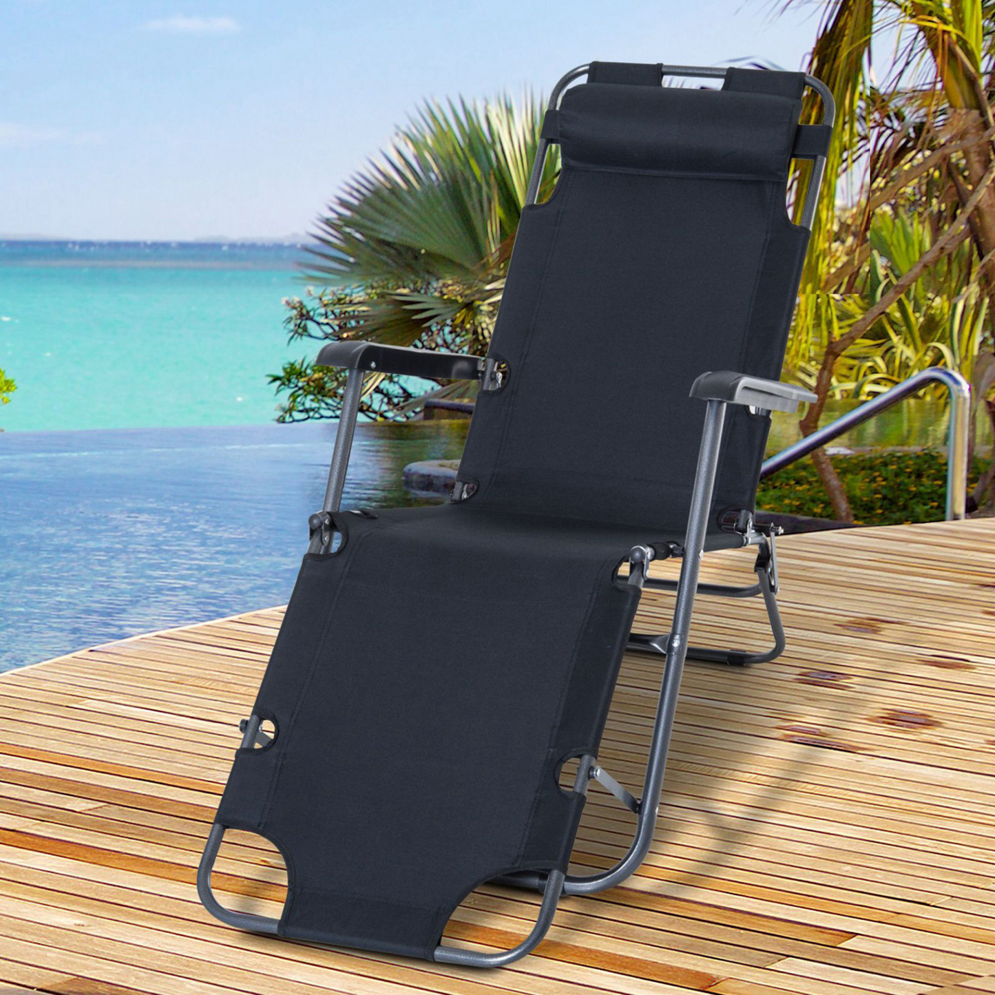 Outsunny 2 in 1 Sun Lounger Folding Reclining Chair - Adjustable Outdoor Camping Chair with Pillow (Black) MyLibelula