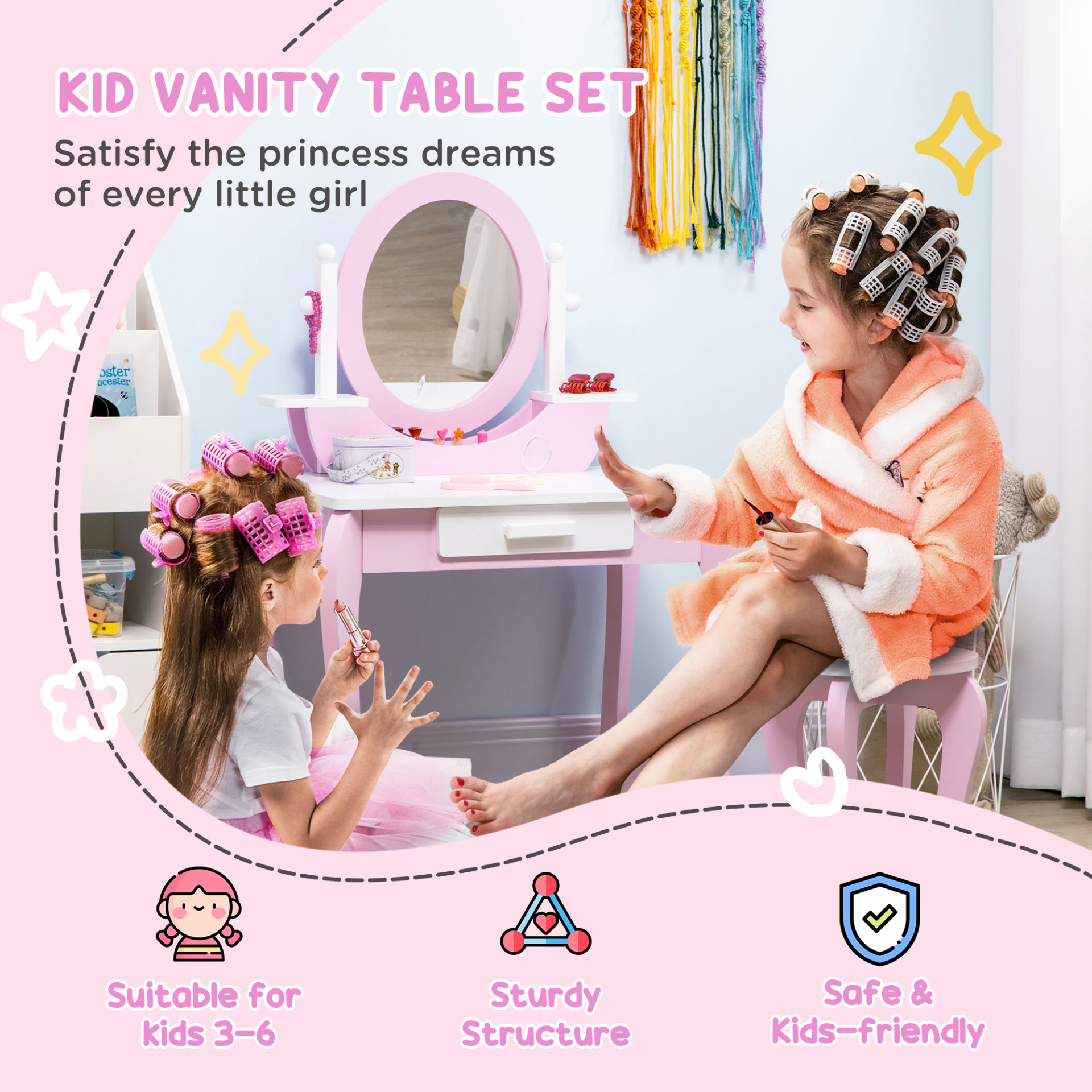 ZONEKIZ Kids Vanity Set with Mirror, Stool & Drawer - Princess Pink Makeup Desk for Ages 3-6 MyLibelula