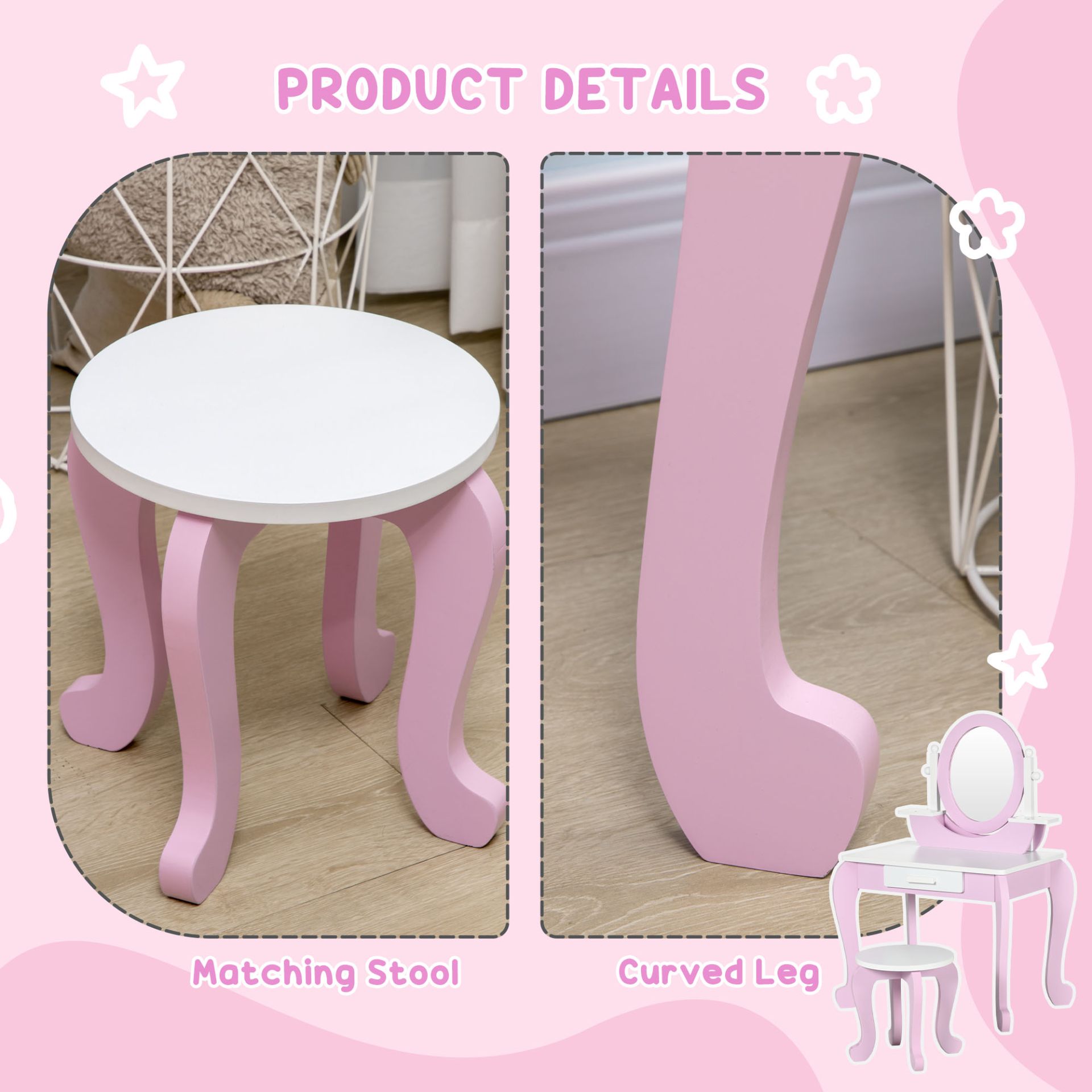 ZONEKIZ Kids Vanity Set with Mirror, Stool & Drawer - Princess Pink Makeup Desk for Ages 3-6 MyLibelula