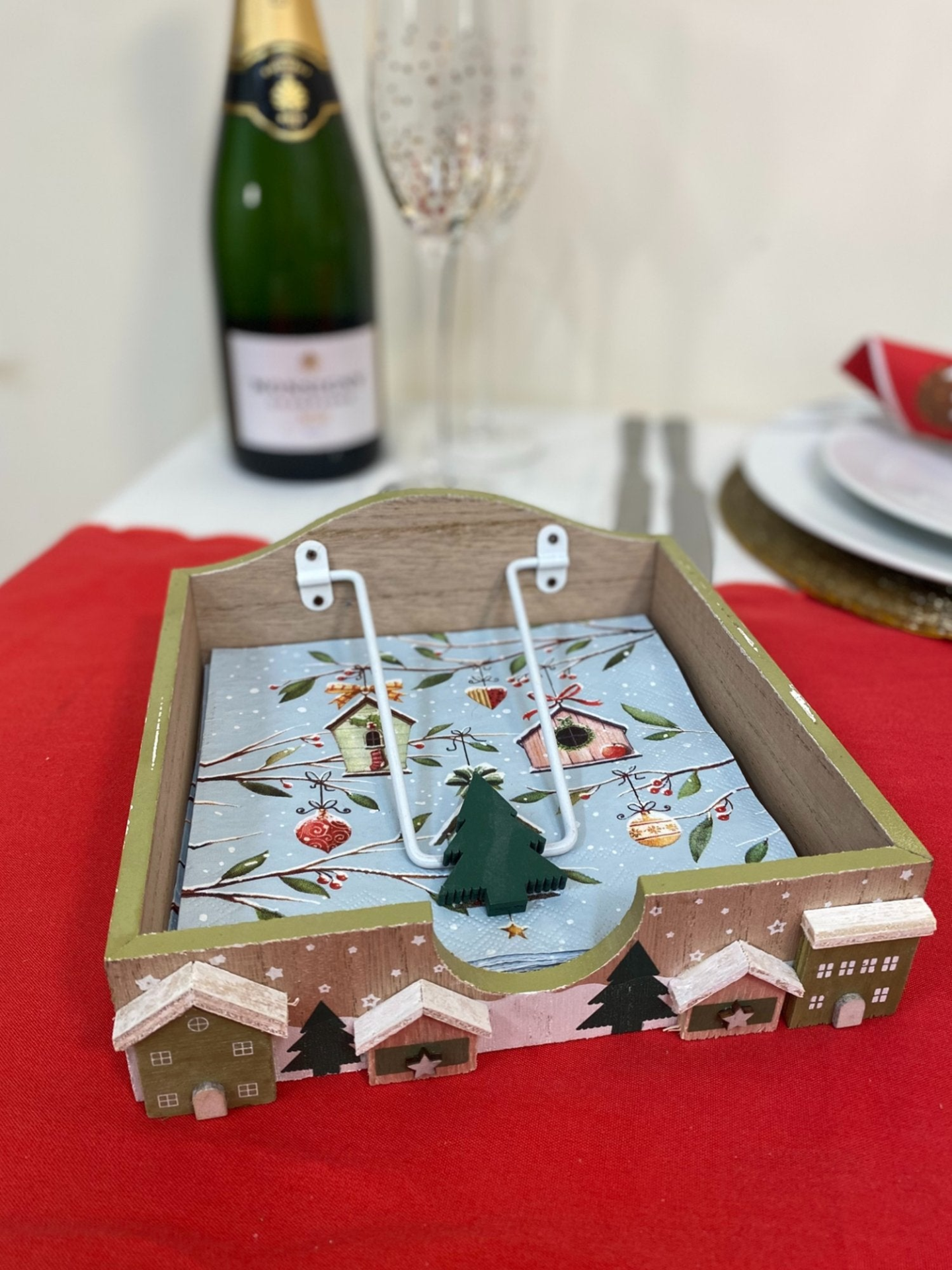 Festive Christmas House Napkin Holder 18.5cm - Charming Wooden Tray with Village Scene MyLibelula