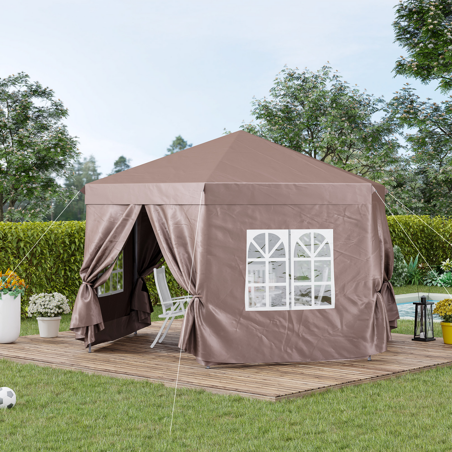 Outsunny 4x4m Hexagonal Garden Pop up Gazebo Marquee Party Tent Wedding Canopy Height Adjustable with Storage Bag - Brown MyLibelula