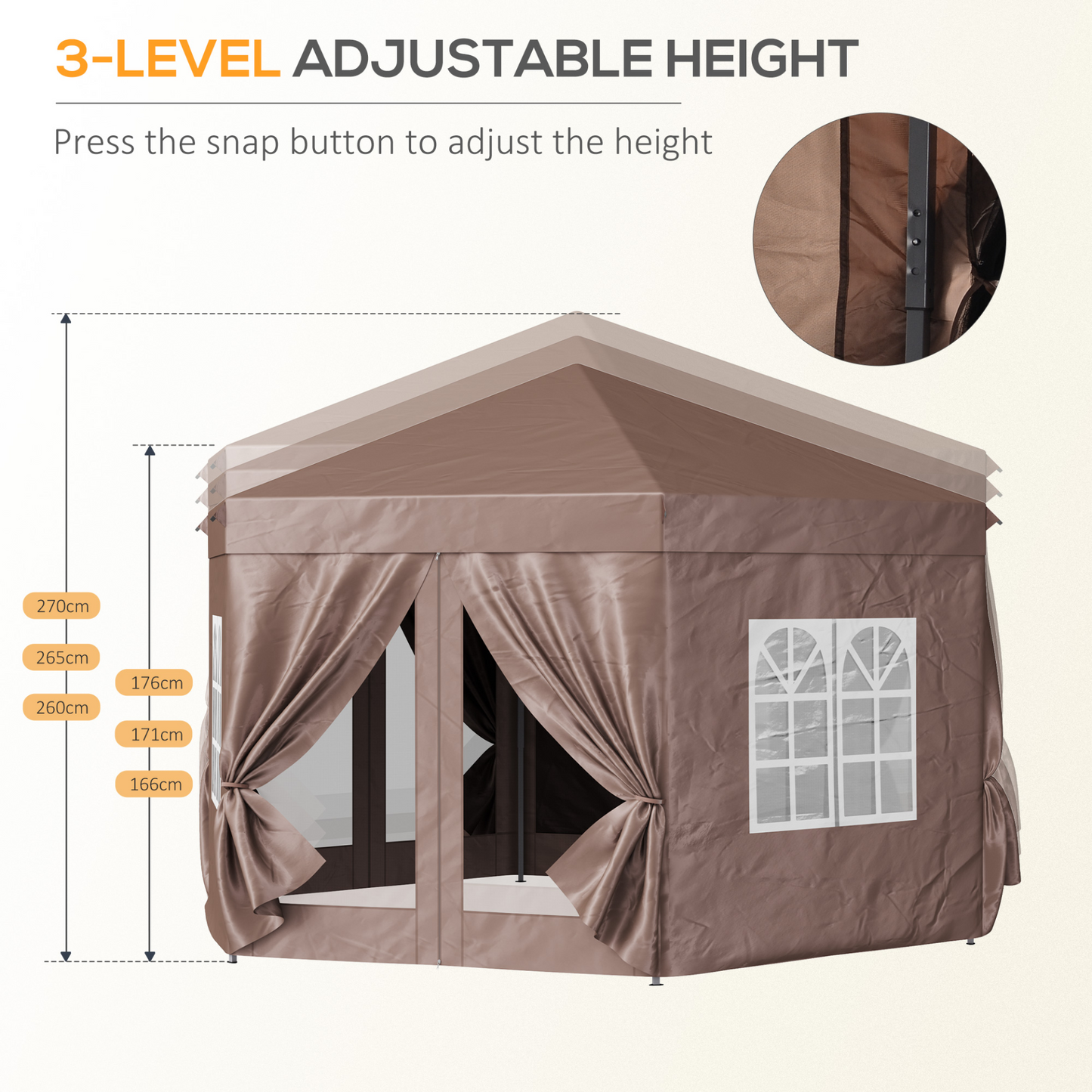 Outsunny 4x4m Hexagonal Garden Pop up Gazebo Marquee Party Tent Wedding Canopy Height Adjustable with Storage Bag - Brown MyLibelula