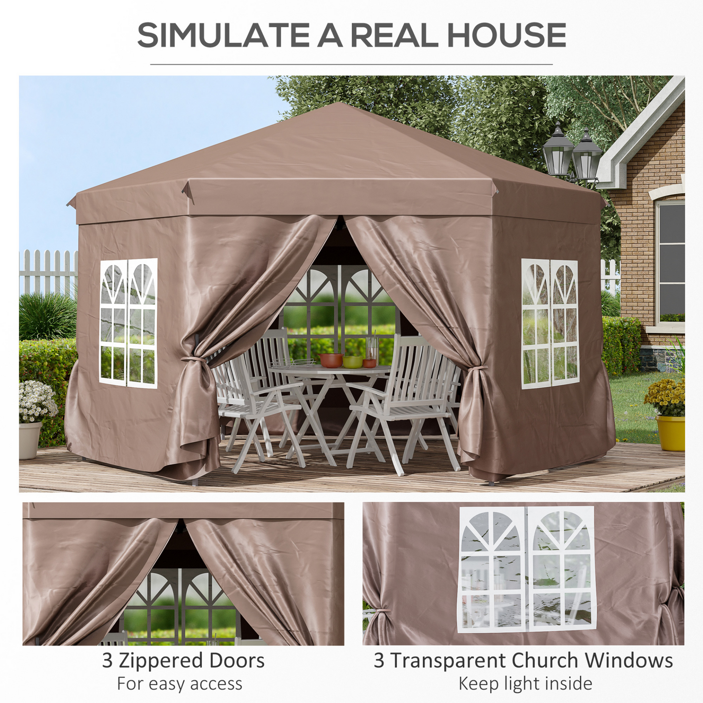 Outsunny 4x4m Hexagonal Garden Pop up Gazebo Marquee Party Tent Wedding Canopy Height Adjustable with Storage Bag - Brown MyLibelula