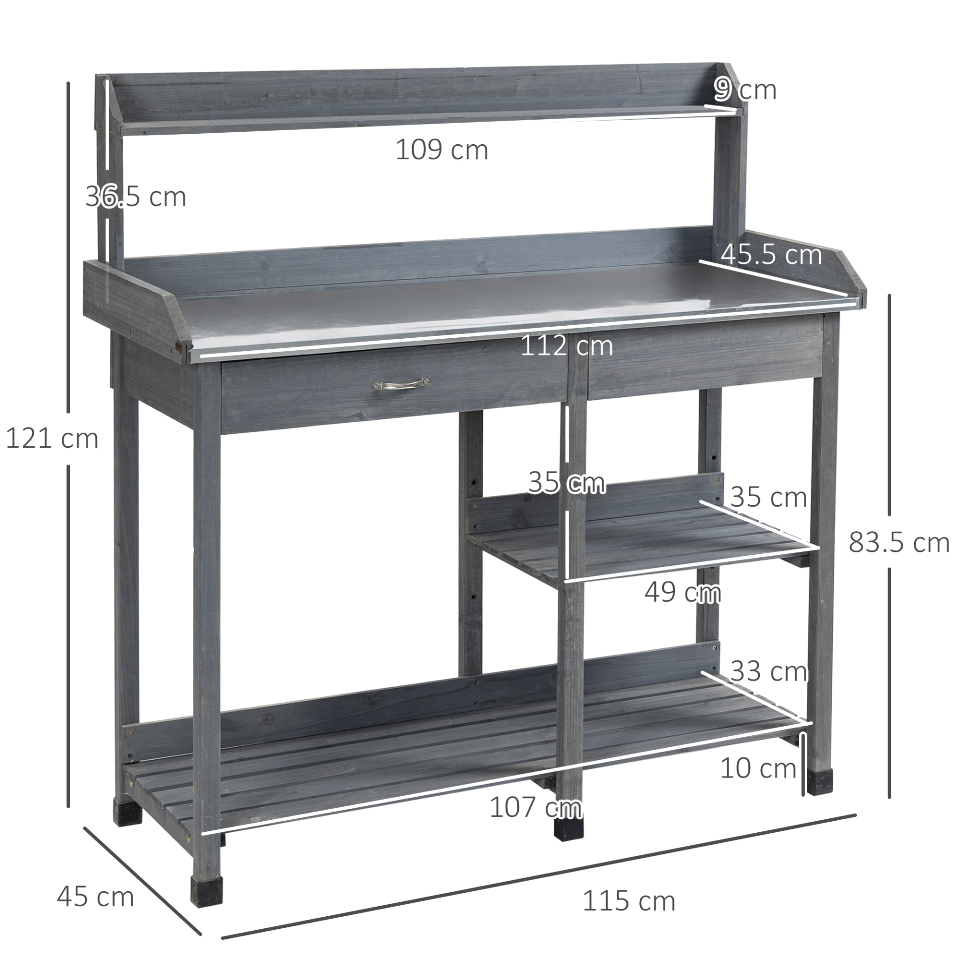 Outsunny Garden Potting Table, Wooden Workstation Bench w/ Galvanized Metal Tabletop, Drawer, Storage Shelves and Hooks for Patios, Courtyards, Balcony MyLibelula