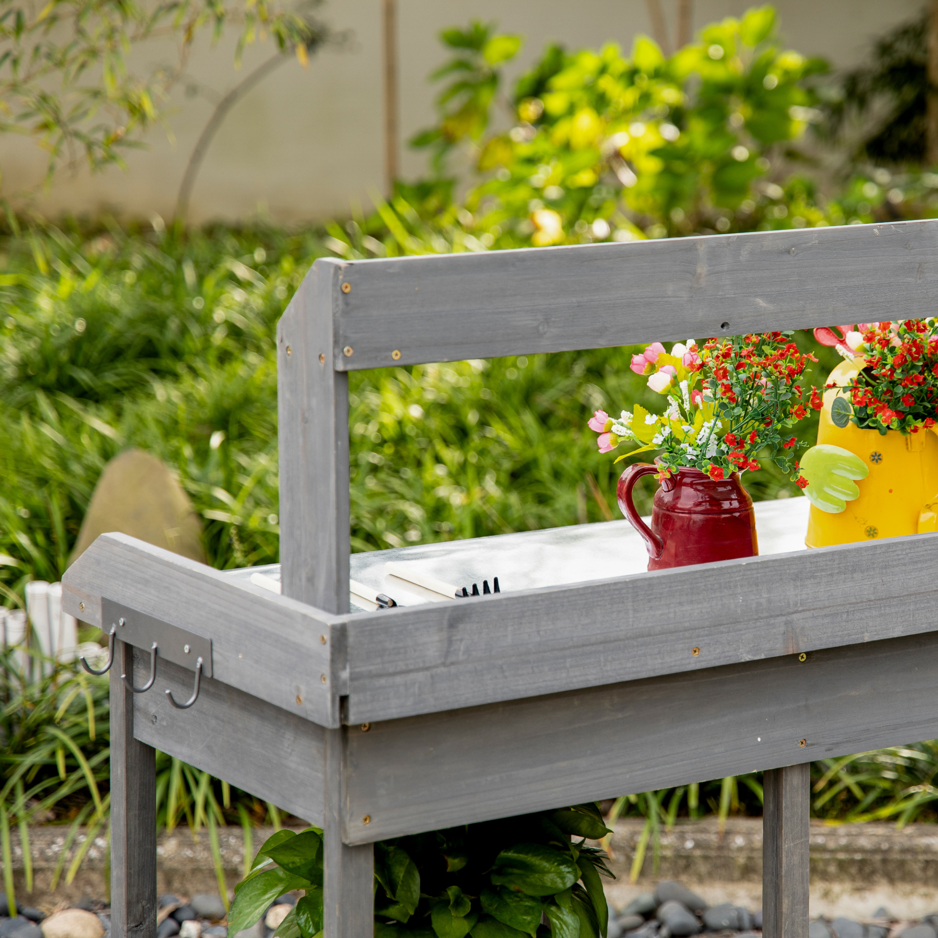 Outsunny Garden Potting Table, Wooden Workstation Bench w/ Galvanized Metal Tabletop, Drawer, Storage Shelves and Hooks for Patios, Courtyards, Balcony MyLibelula