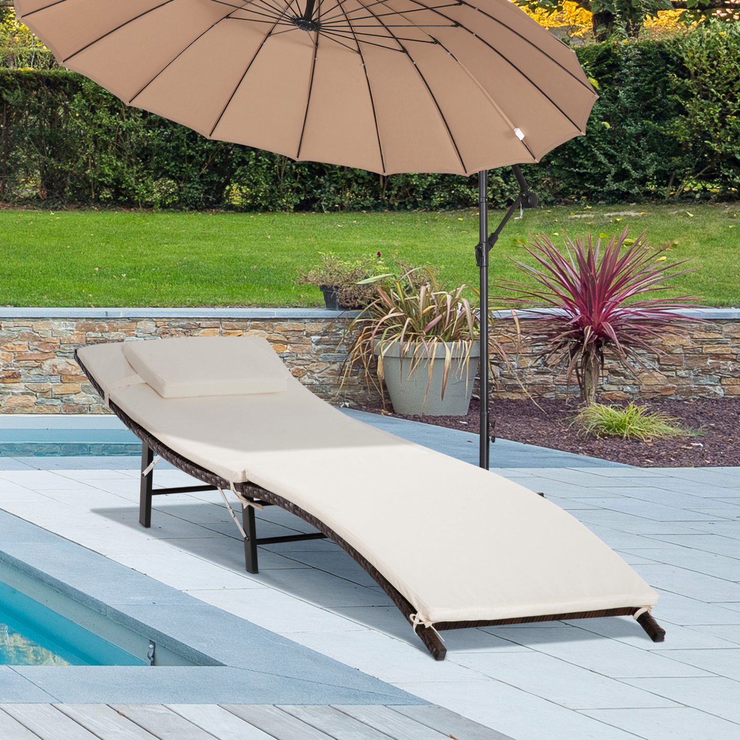 Outsunny Rattan Sun Lounger - Folding Outdoor Chair with Cushion & Pillow, Brown MyLibelula