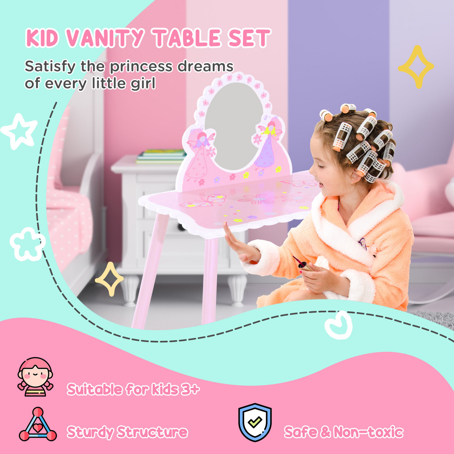 HOMCOM Kids Pink Wooden Dressing Table & Stool Set - Fairy Dresser Play Set w/Mirror MyLibelula