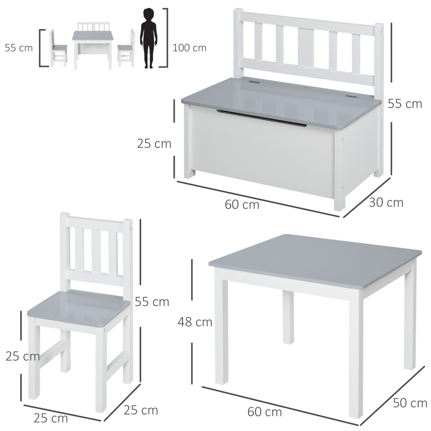 HOMCOM 4-Piece Kids Table and Chair Set - Grey/White - Includes 2 Wooden Chairs, Storage Bench & Modern Design MyLibelula