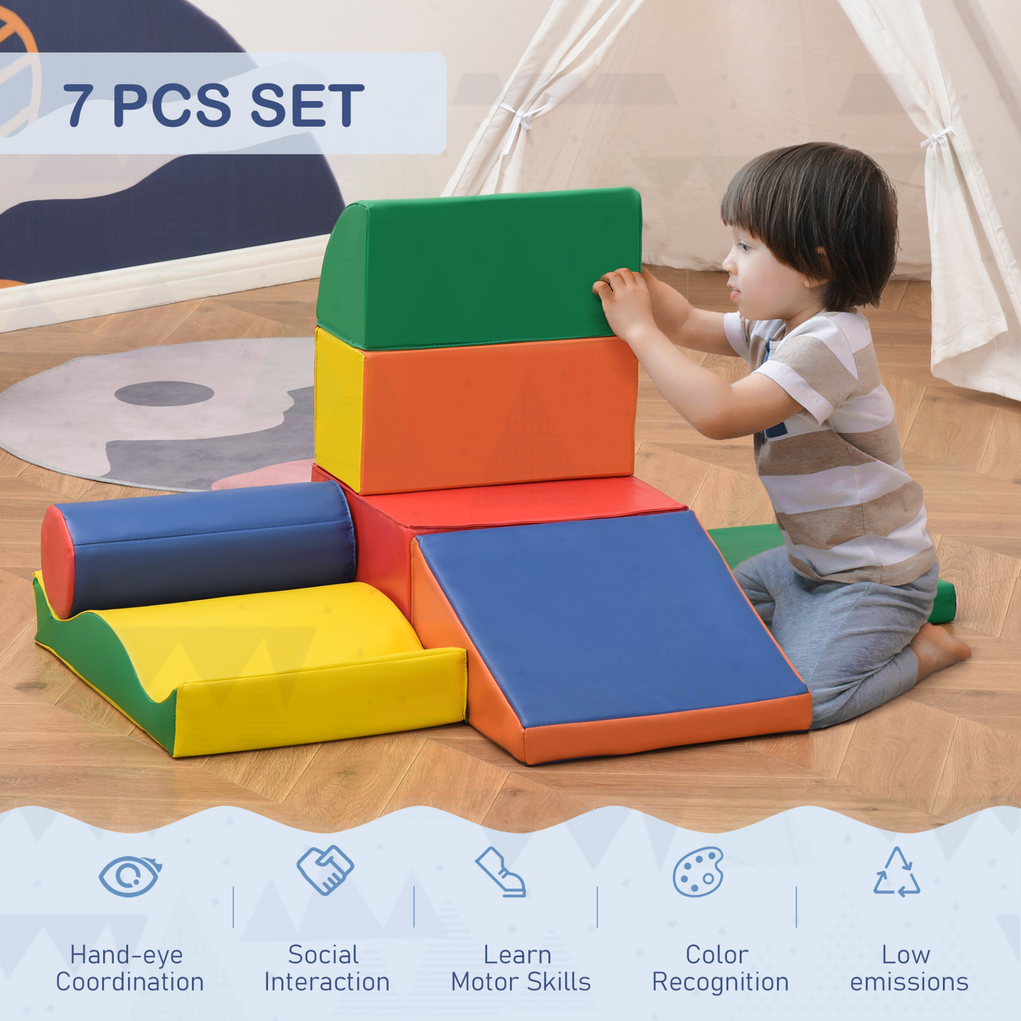 HOMCOM 7 Piece Climb and Crawl Activity Play Set | Soft Foam Blocks for Toddlers | Educational and Stackable Play Equipment MyLibelula