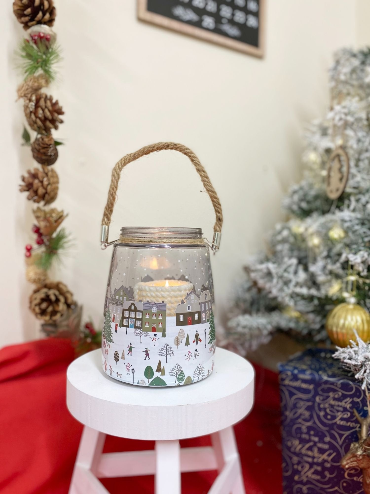 Christmas Market Lantern - White Glass Lantern with Rope Handle | Festive Home Decor MyLibelula