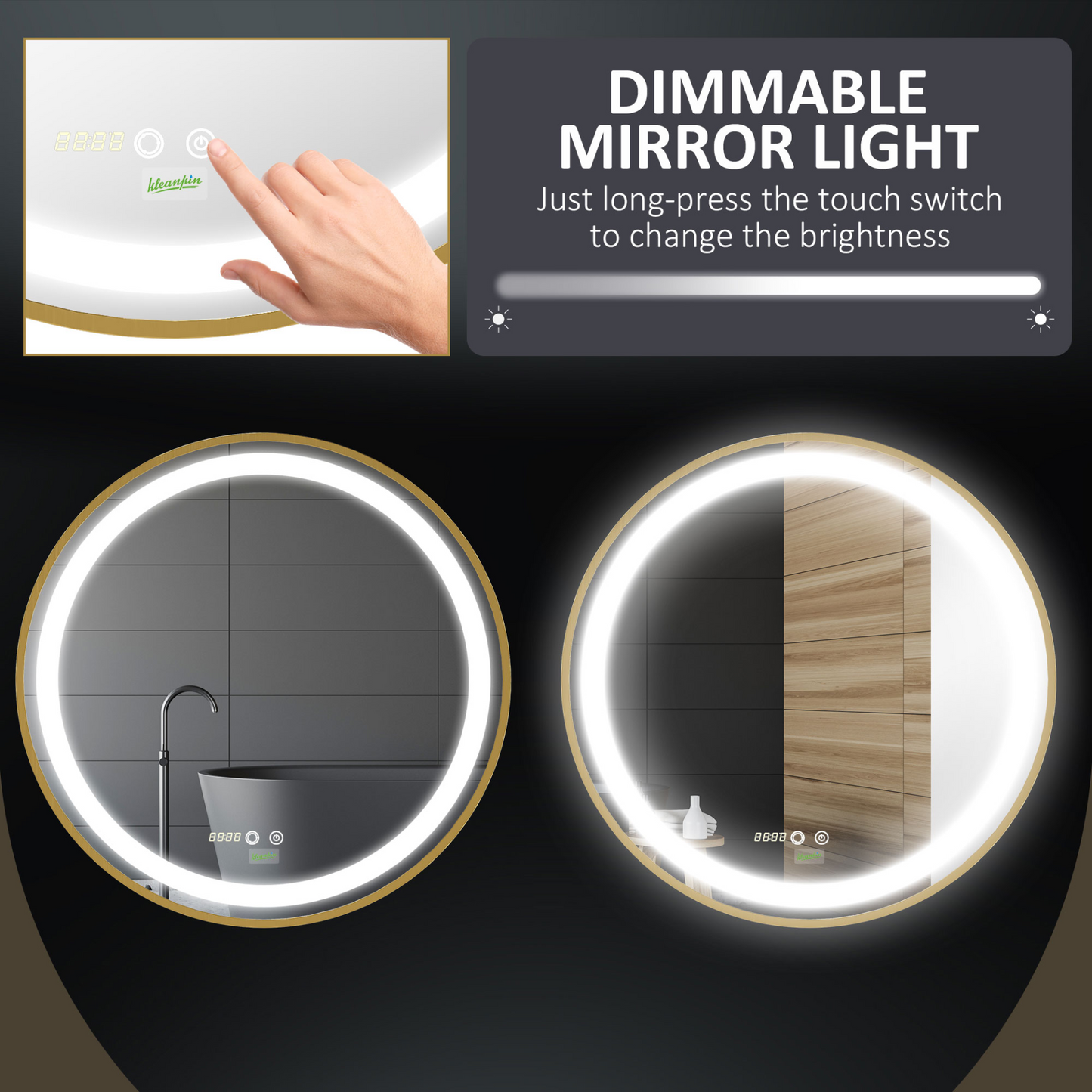 kleankin Round Bathroom LED Mirror - Dimmable Lighted Wall-Mounted, 3 Temperature Colours, Time Display, Memory Function, Hardwired, Gold MyLibelula