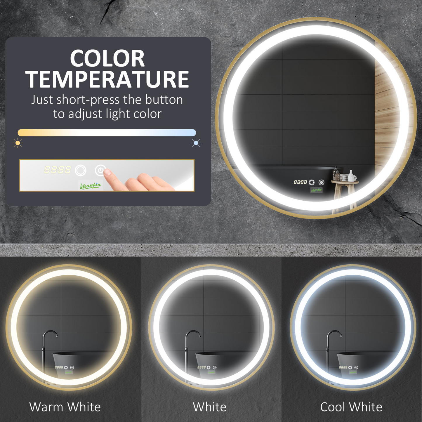 kleankin Round Bathroom LED Mirror - Dimmable Lighted Wall-Mounted, 3 Temperature Colours, Time Display, Memory Function, Hardwired, Gold MyLibelula